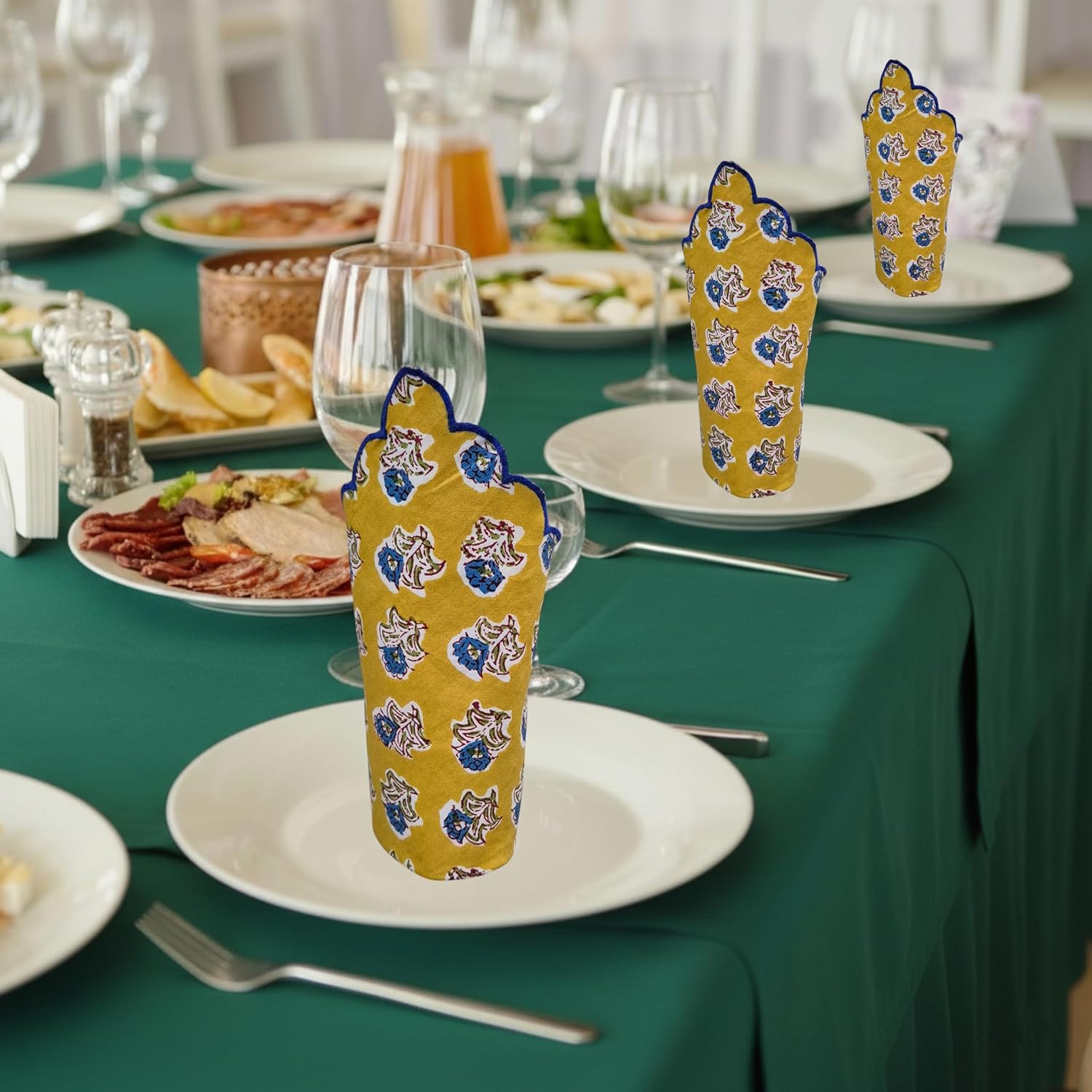 100% Cotton Hand Block Printed Napkins - 18" x 18" (Set of 6) with Scalloped Edge, Reusable & Washable Decorative Cloth Dinner Napkin for Kitchen, Dining, Parties & Daily Use - Mustard Blue image 5