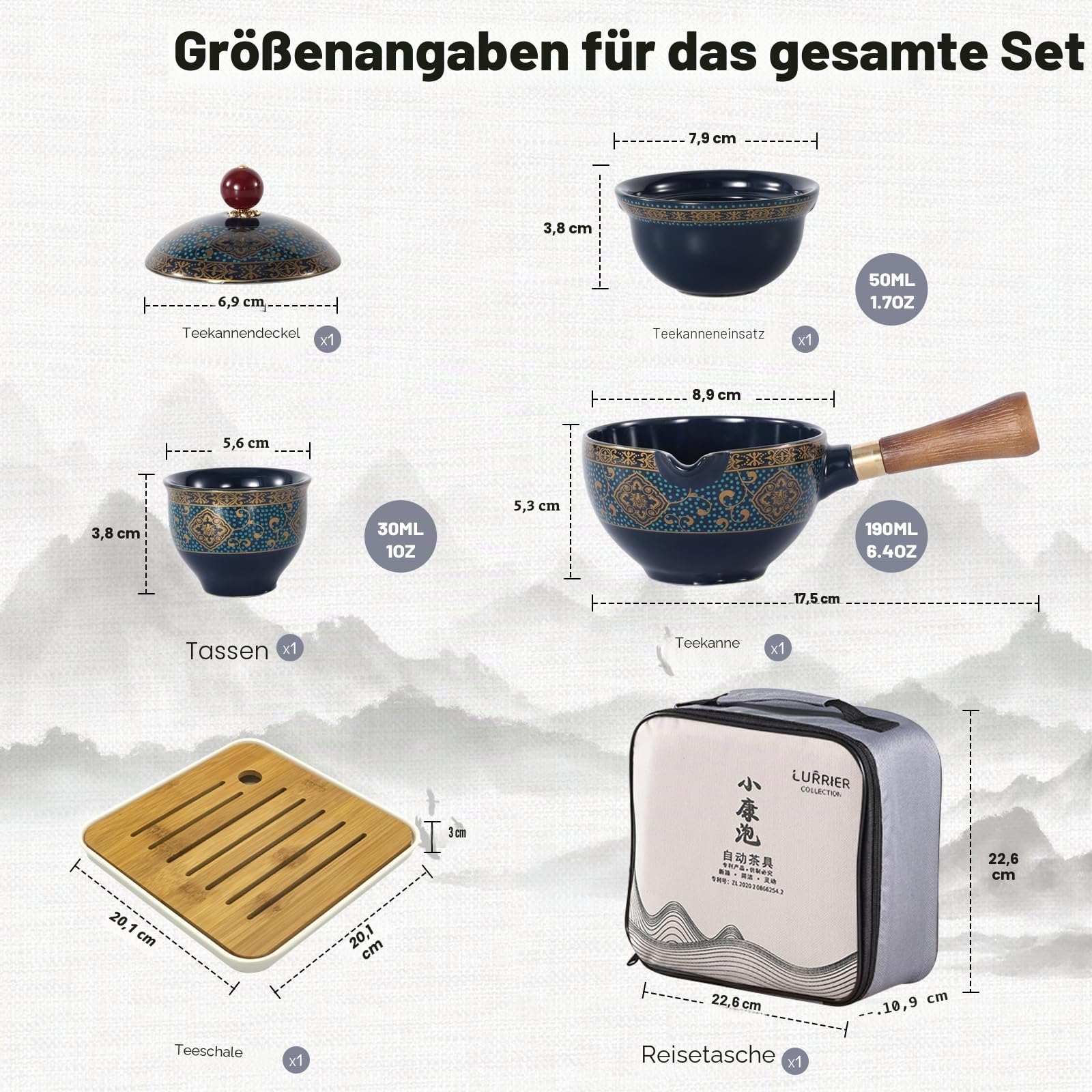 LURRIER Chinesisches Gongfu-Tee-Set, aus Porzellan, tragbares Teekannen-Set mit 360 Grad drehbarer Teebereiter und Teesieb, tragbare All-in-One-Geschenktüte für Reisen, Zuhause, Geschenk, Outdoor und