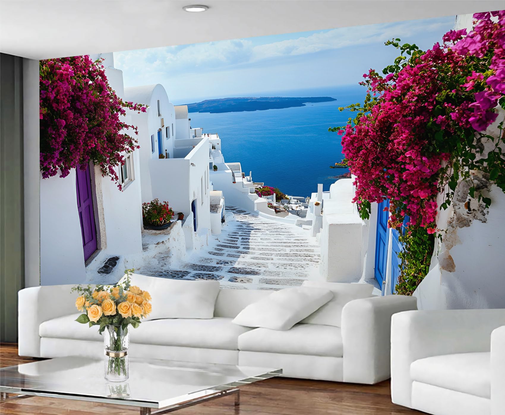GIVLWF Santorini Street Bedroom Wallpaper - Greek Island Wallpaper & Home Decor - Blue Sea Wall Murals for Living Room Non Self Adhesive Mediterranean Wall Paper & Mural