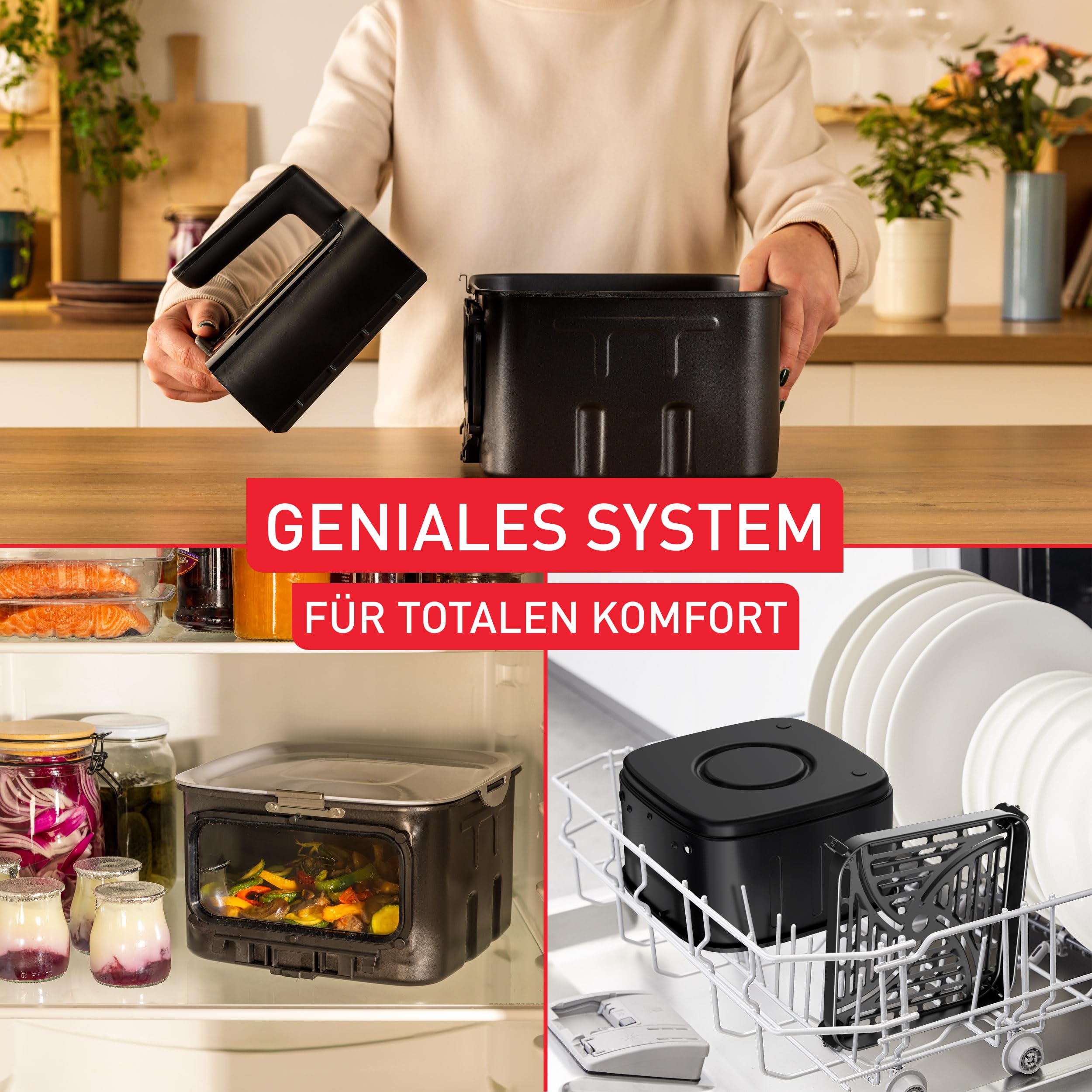 Tefal Easy Fry Silence Heißluftfritteuse, 7 L Fassungsvermögen, Silent-Technologie, Smart Assist System, bis zu 8 Portionen, abnehmbare Front mit Sichtfenster, Schwarz, EY876DE0