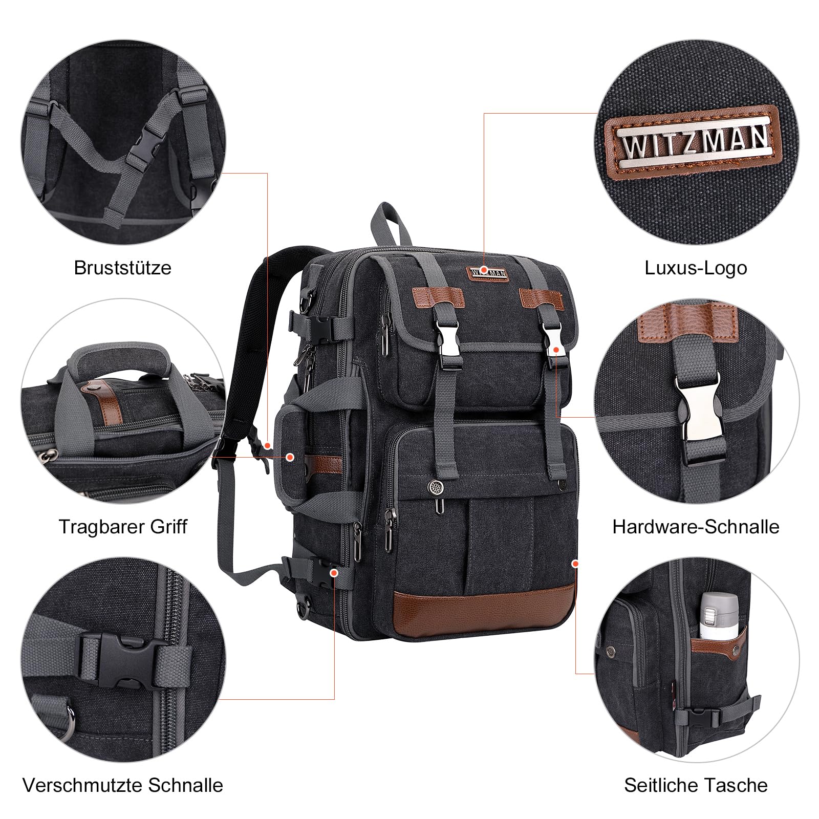 WITZMAN Reiserucksack Herren Canvas 40L Laptop-Rucksack für 16-Zoll-Laptop | Erweiterbar von 32-42L, Flugtauglicher Umwandelbarer Schulterrucksack für Handgepäck, Ideal für Urlaub, A6617-3 Schwarz