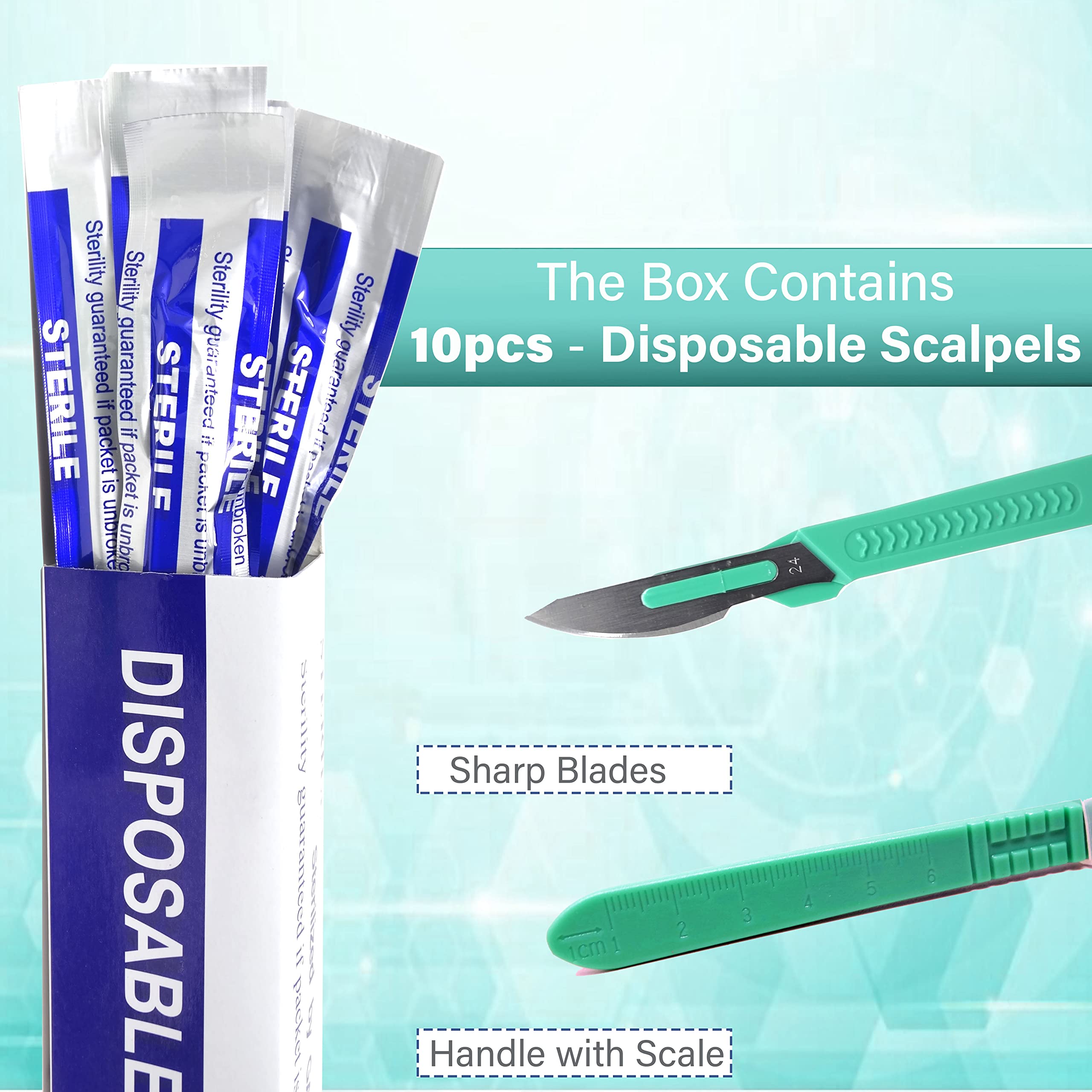 Disposable Sterile Scalpels, Podiatry & Professional Corn Callous Knife, Precision Carbon-Steel Blades with Plastic Handle -Individual Pouches - Podiatry Pedicure, Wart Removal & More -Box of 10 (#24)