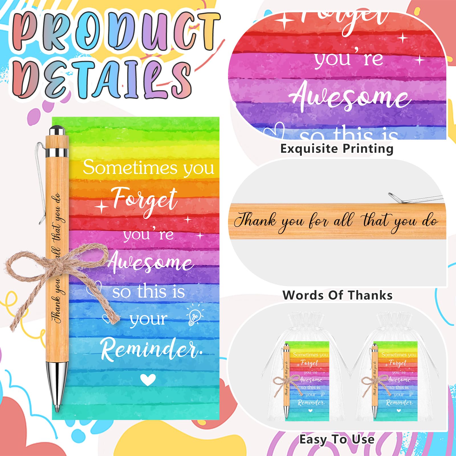 36 Sets Thank you Gifts Motivational Pens Employee Appreciation Gifts Inspirational Bamboo Ballpoint Pens with Rainbow Cards Organza Bags for Colleagues Teacher Volunteer Team Bulk Gifts - Image 3