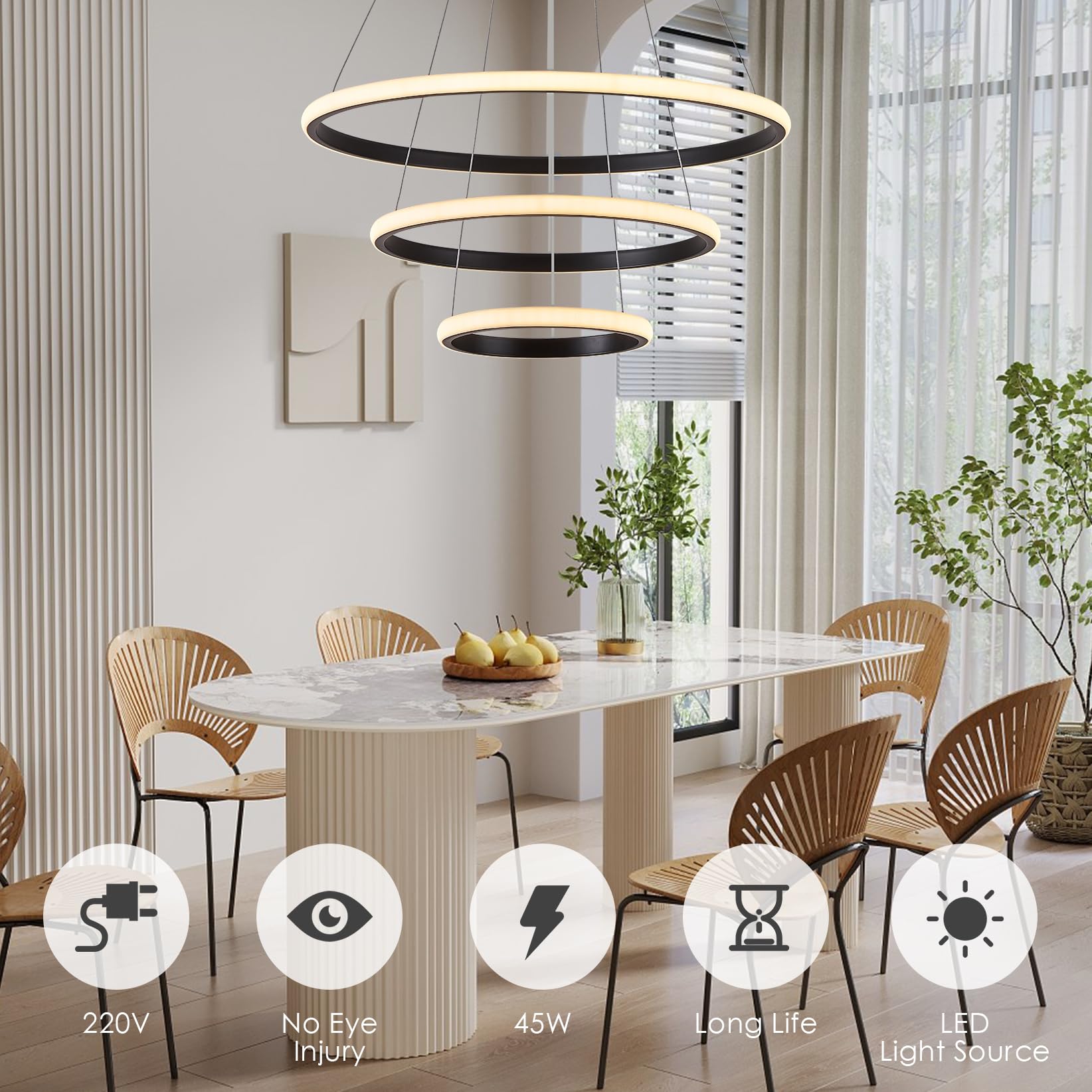 Pendelleuchte Esstisch Schwarz,BRIMETI Esstischlampe 50cm Höhenverstellbar Esszimmerlampen 45W 3-flammig Hängeleuchte Dimmbar Mit Fernbedienung LED Hängelampe Wohnzimmer Esszimmer Küchen Bar Leuchten
