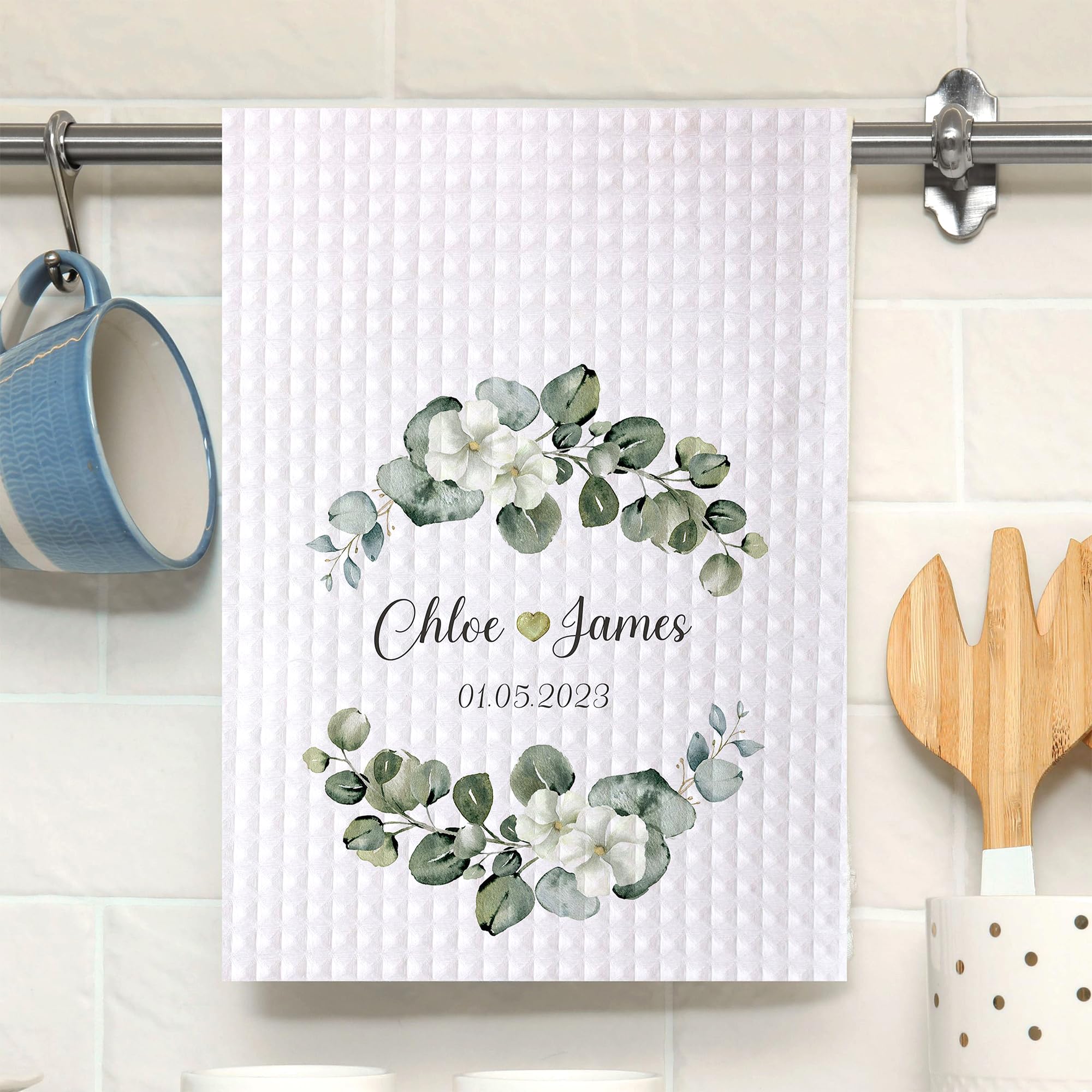 Personalised Kitchen Towel with Name & Date, Custom Waffle Weave Dish Towel Wedding Gift, Eucalyptus Greenery Floral Bridal Shower Decor, Absorbent Tea Towel, Housewarming Gift for Couples
