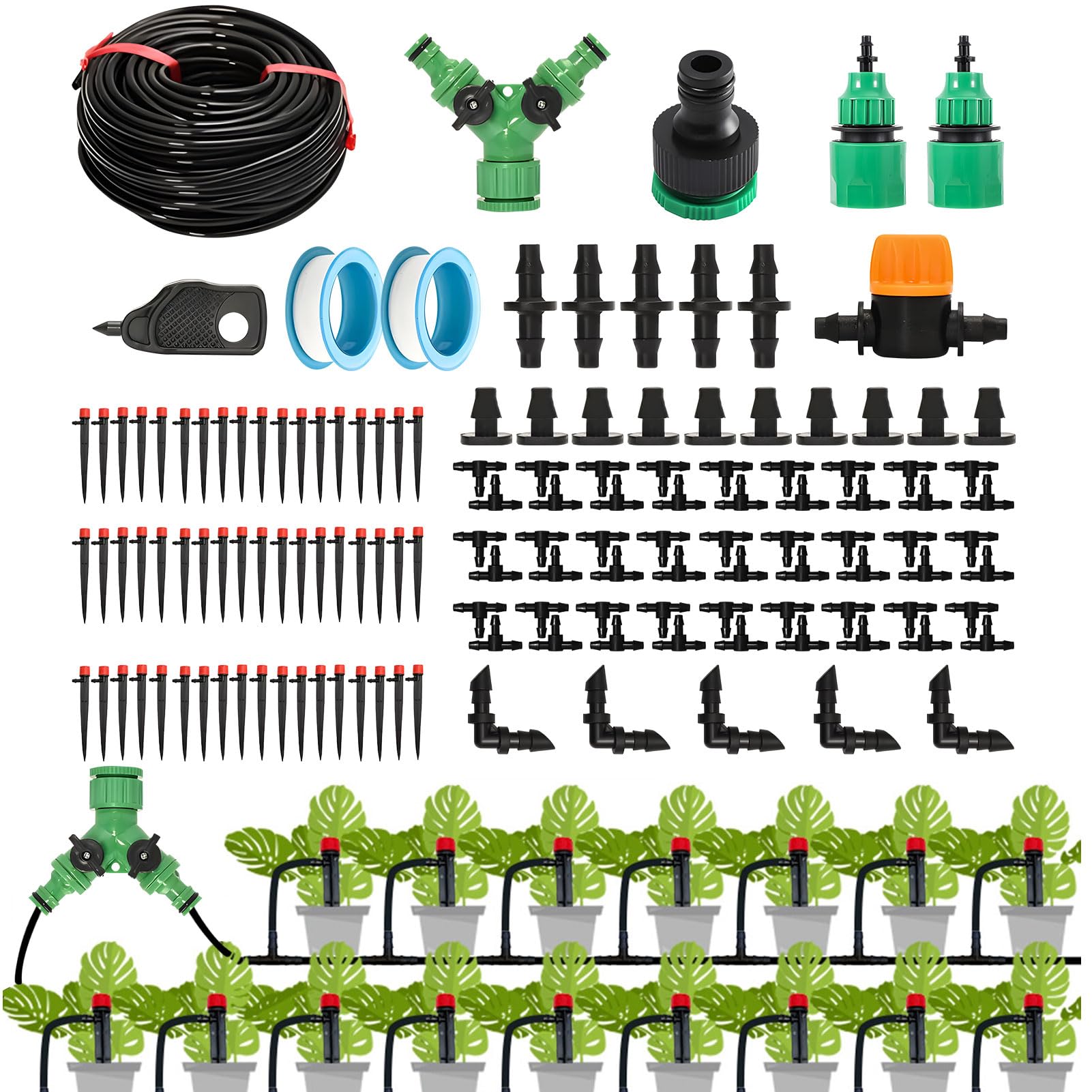 Sistema de riego de jardín, juego de 82 unidades, riego automático por goteo de 4/7 mm, con manguera de jardín de 25 m, sistema de riego por goteo, kit de riego por goteo para invernadero (45 m)
