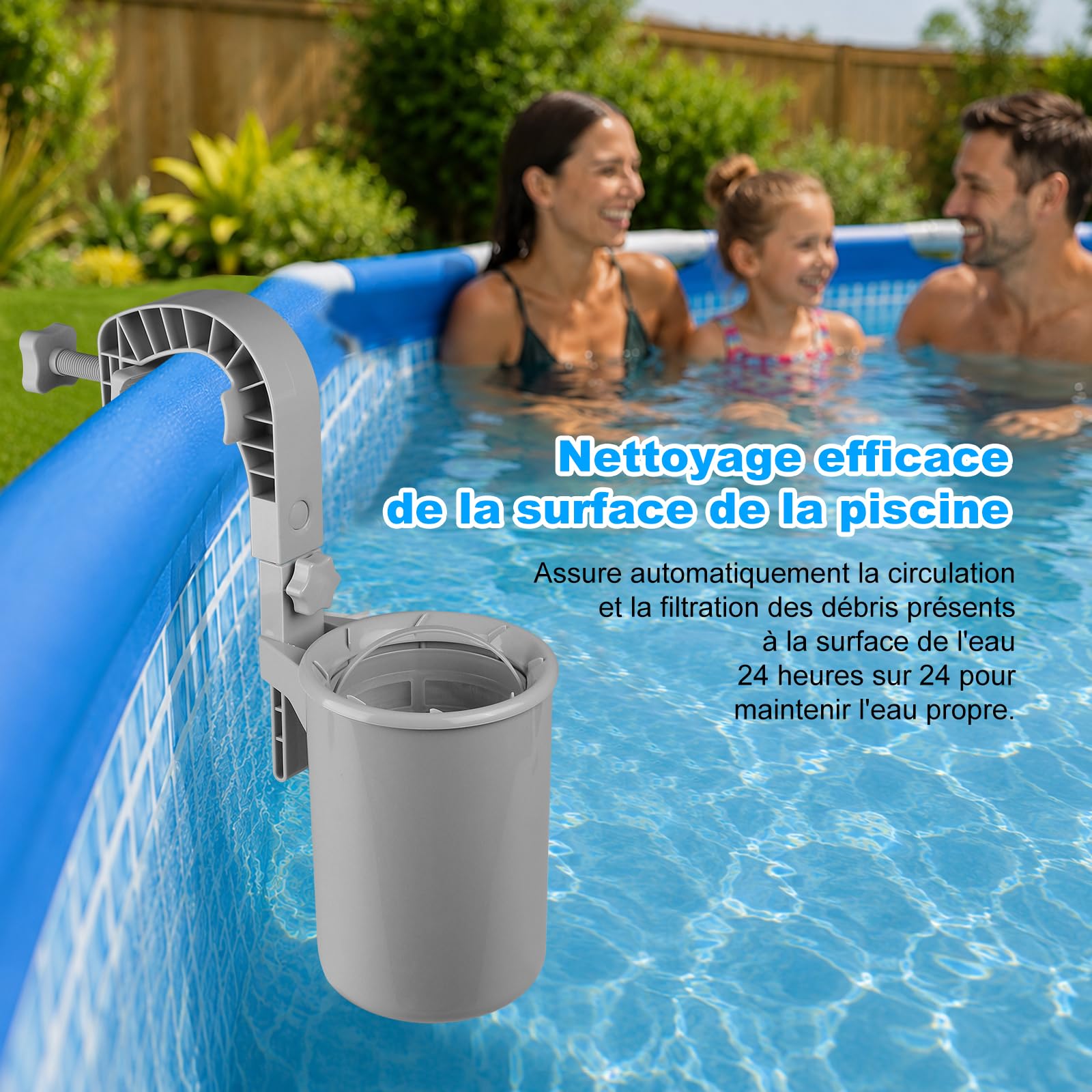 Skimmer pour Piscine Hors Sol, Skimmer Piscine Hors Sol avec Panier Filtre Réutilisable 60 Mesh, Automatique Nettoyage Feuilles débris Eau, Fixation murale avec panier filtrant, avec support universel