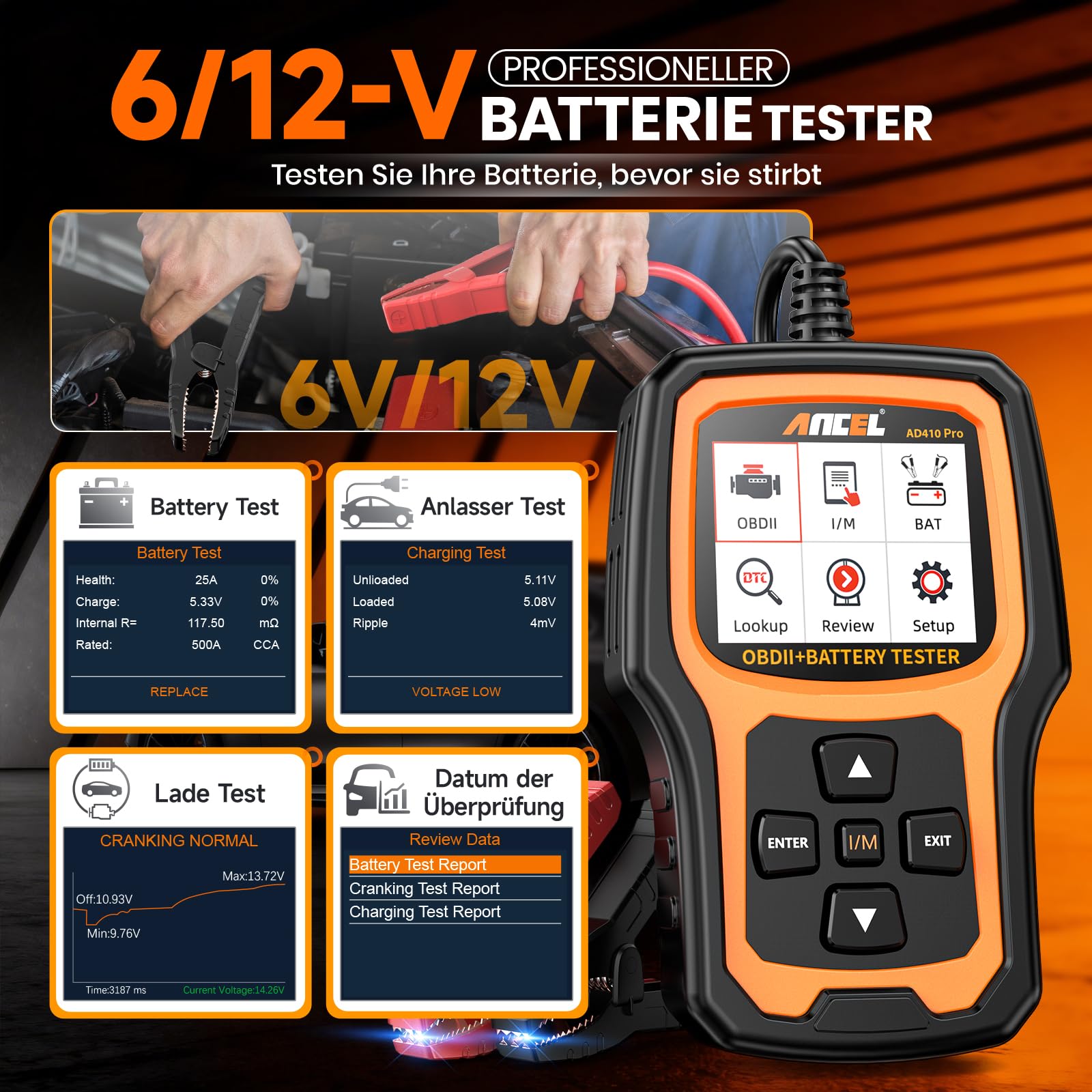 2in1 Auto Diagnosegerät KFZ Batterietester Universal Fehlercode Lesegerät | ANCEL AD410PRO mit Vollen OBD2 Funktionen, 6V 12V 100-2000CCA Autobatterie Tester mit Batterie- Anlasser- und Ladetest