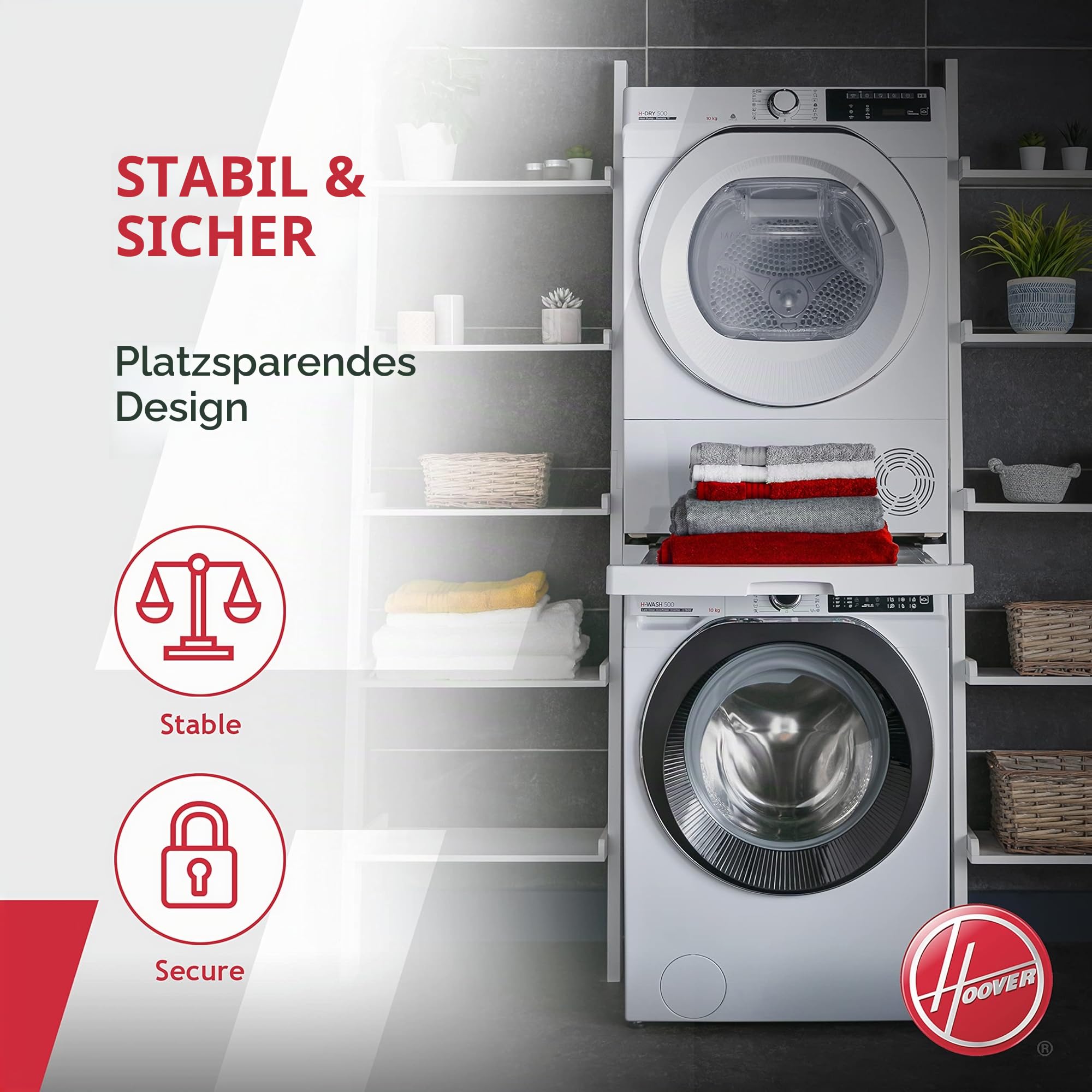 Hoover Universal Stapelset mit Schieberegal für Waschmaschinen und Trockner 47-62 cm Weiß