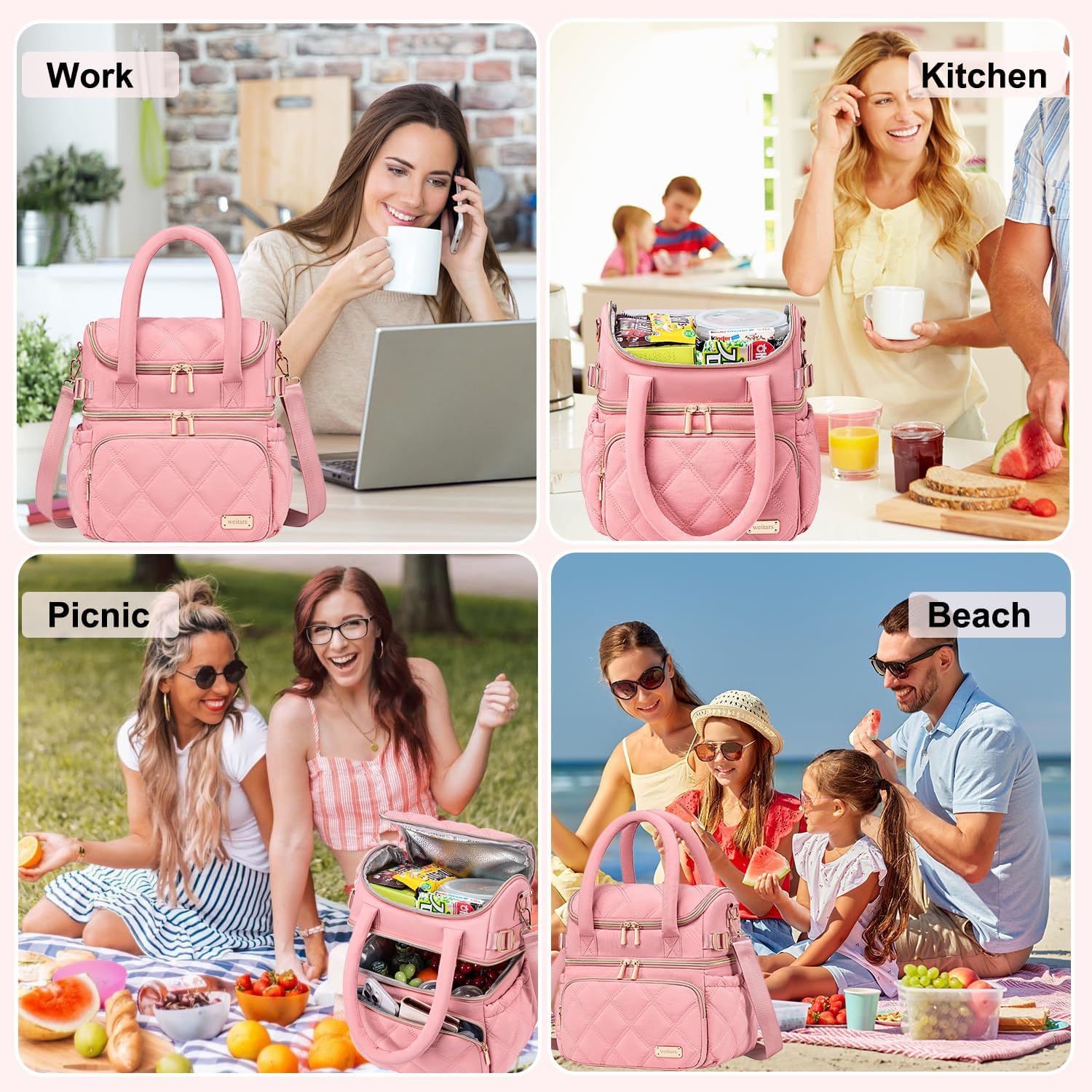 Weitars Lunch Bag for Women Men,Double Deck Lunch Box for Women,Quilted Lunch Tote for Work,Insulated Lunch Cooler Leakproof Lunchbox for Adult with Shoulder Strap &Pockets for Picnic Hiking (Pink) - Image 7