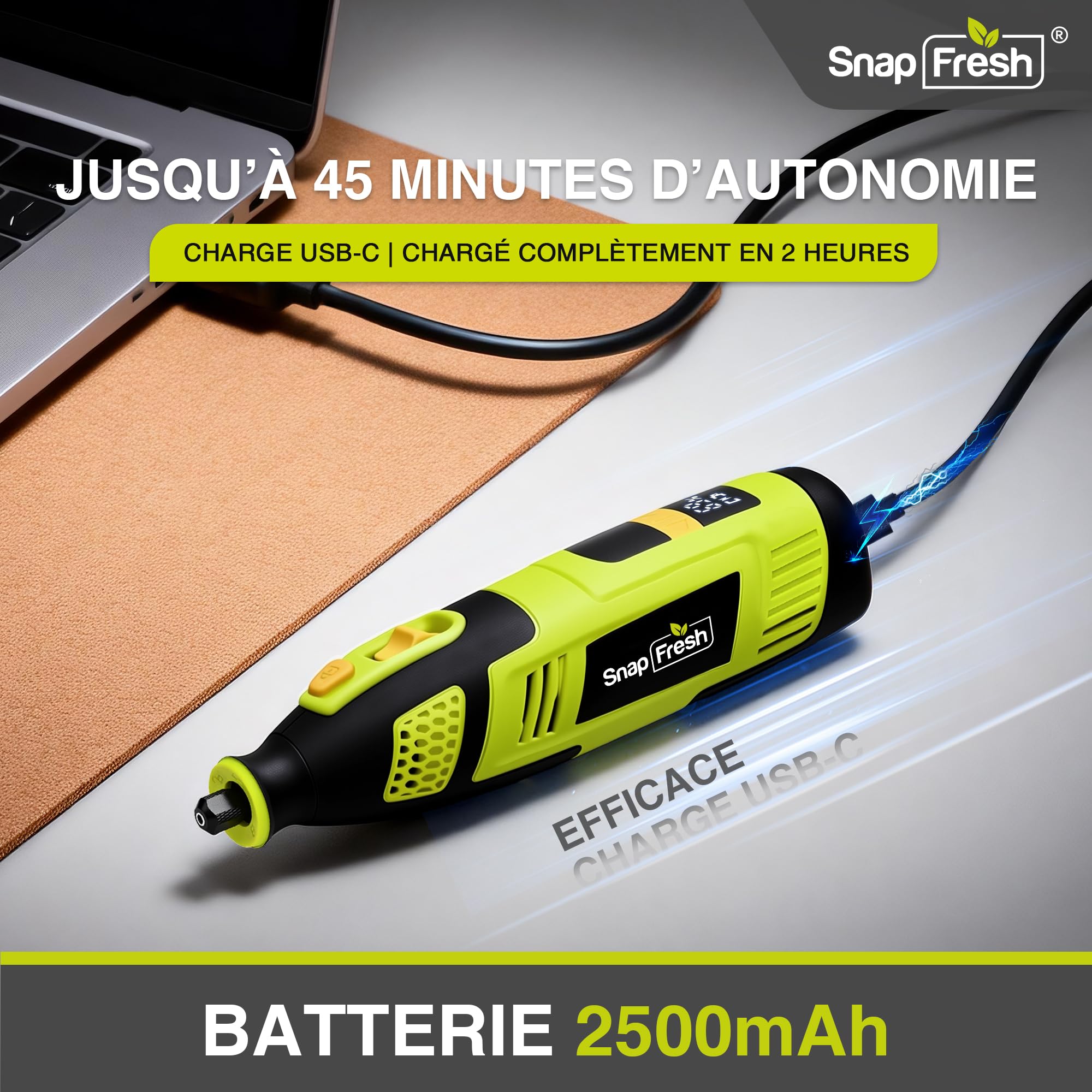 SnapFresh Outil Rotatif Multifonction Sans Fil 12V avec 111 Accessoires, Vitesse Variable 5000–32000tr/min, Affichage Numérique & Mémoire de Vitesse, pour Découpe, Ponçage, Perçage, Gravure, Polissage