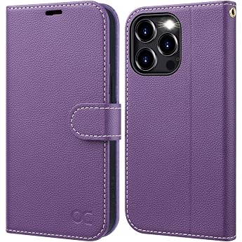 OCASE iPhone 15 Pro Max Case Mobile Phone Case [Premium PU Leather] [Card Slot] [Stand Function] RFID Protective Flip Case Mobile Phone Case Leather Case Compatible with iPhone 15 Pro Max Purple Litchi