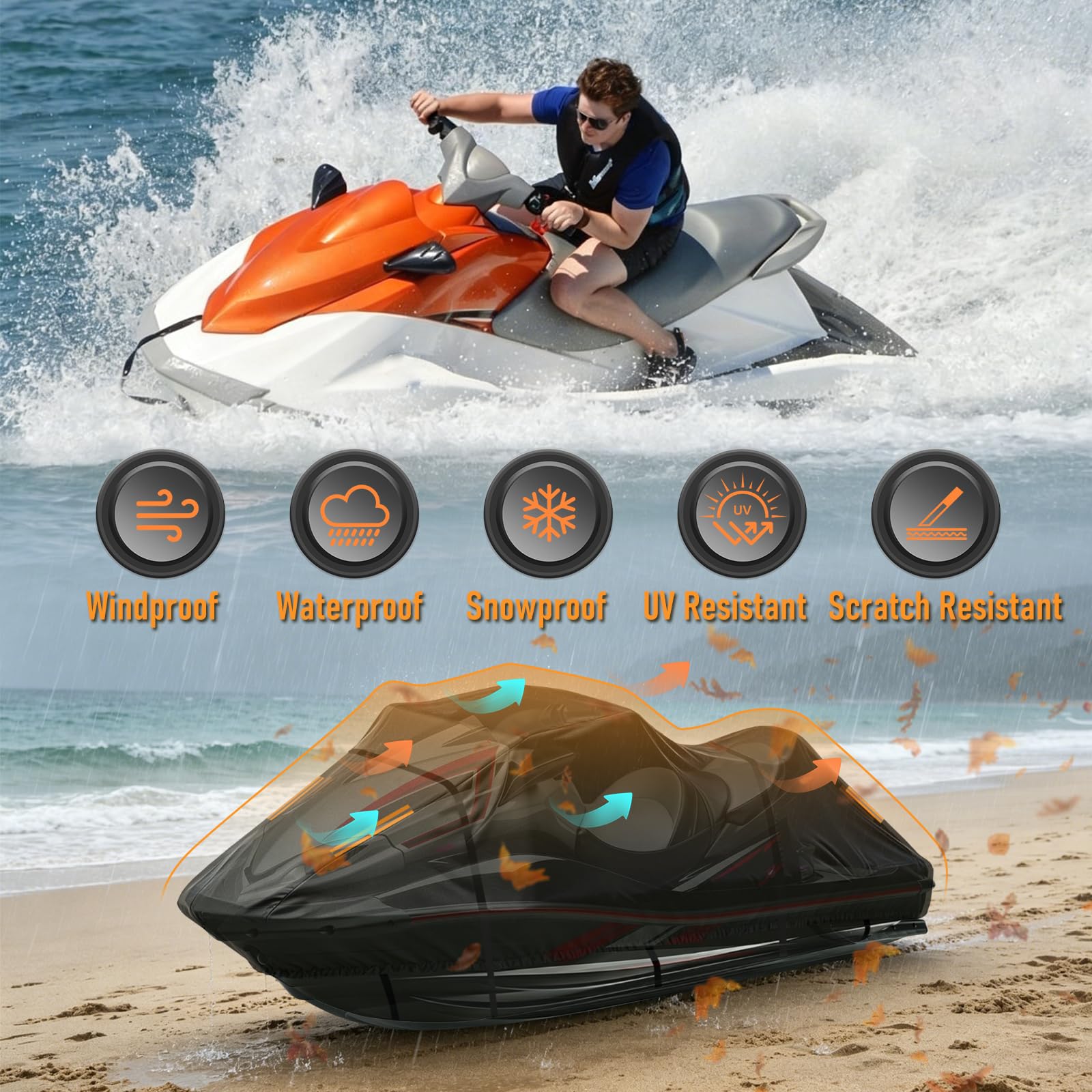 Copertura per Moto D'acqua fit Sea-Doo RXT-X 300,Telo di Copertura per Moto D'acqua Trainabile 300D Impermeabile Antipolvere e Resistente ai Raggi UV con Strisce riflettenti