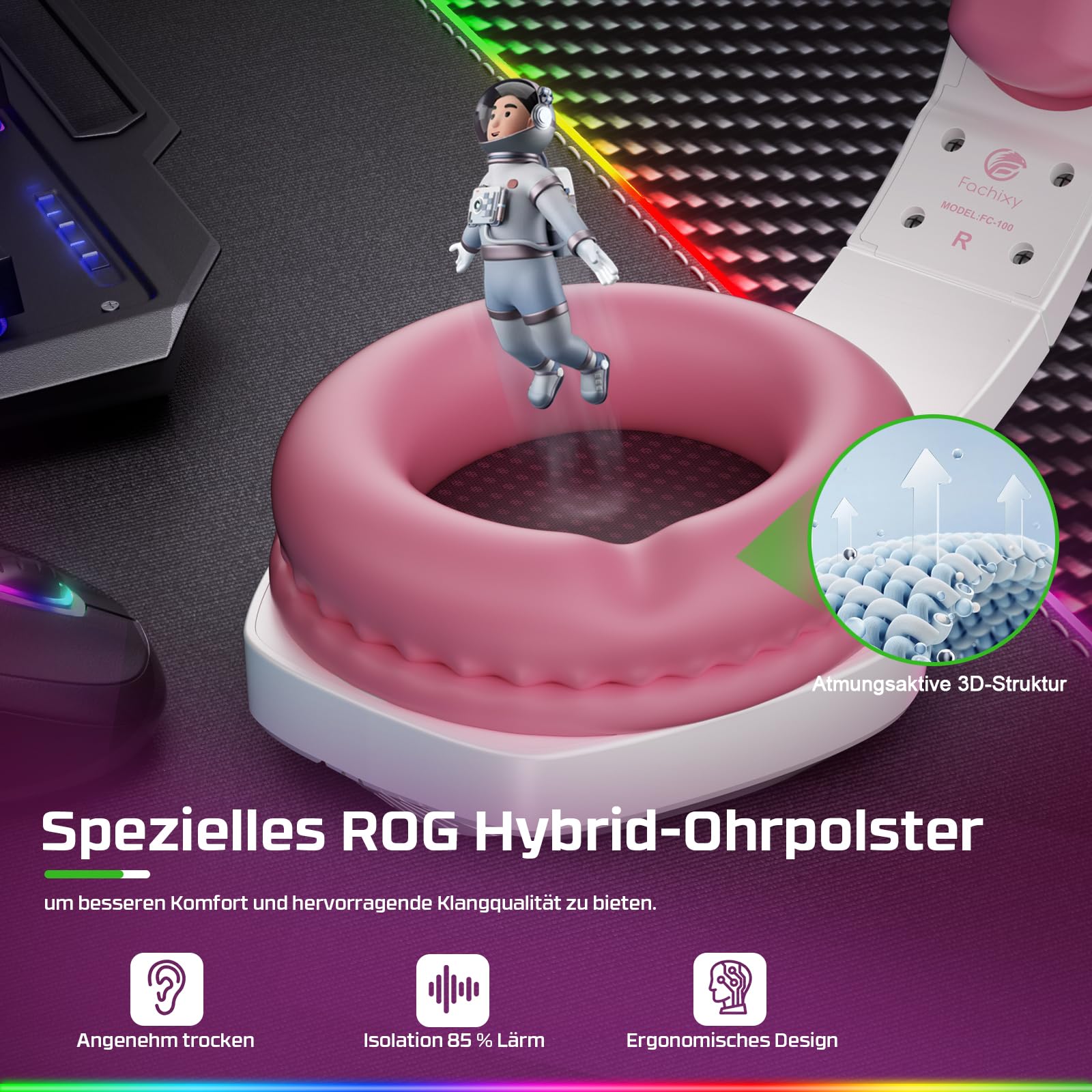 Fachixy FC100 Gaming Headset für PS4, PS5, PC, Xbox, Nintendo Switch, Gaming Kopfhörer mit Kabel und RGB Licht, Stereo Surround Kopfhörer mit Mikrofon, Noise Cancelling Gamer Headphones - Weiss-ROSA