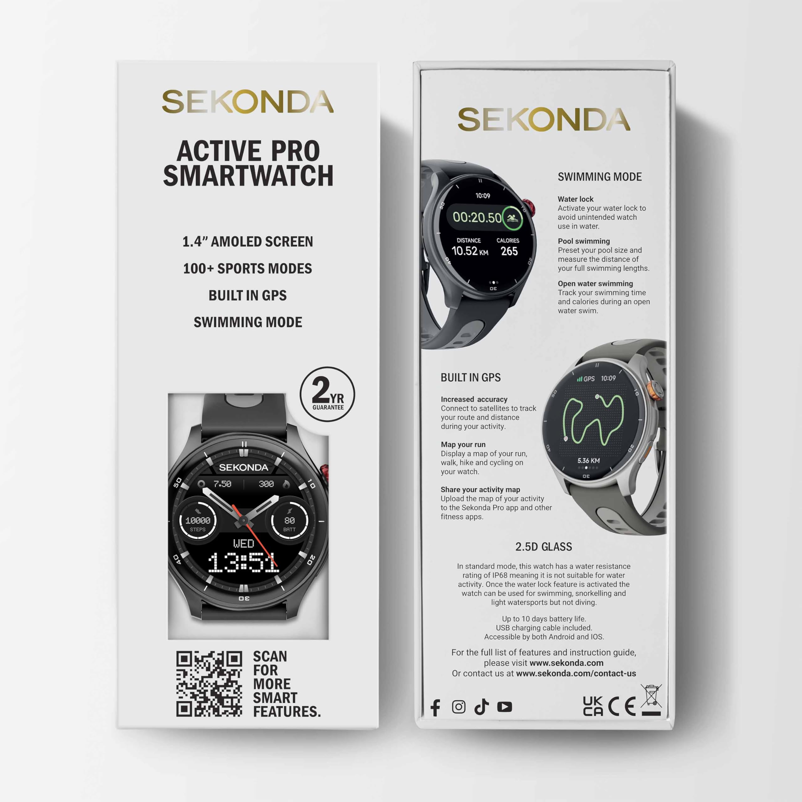 Sekonda Reloj inteligente Active Pro GPS de 47 mm en negro con correa de silicona negra