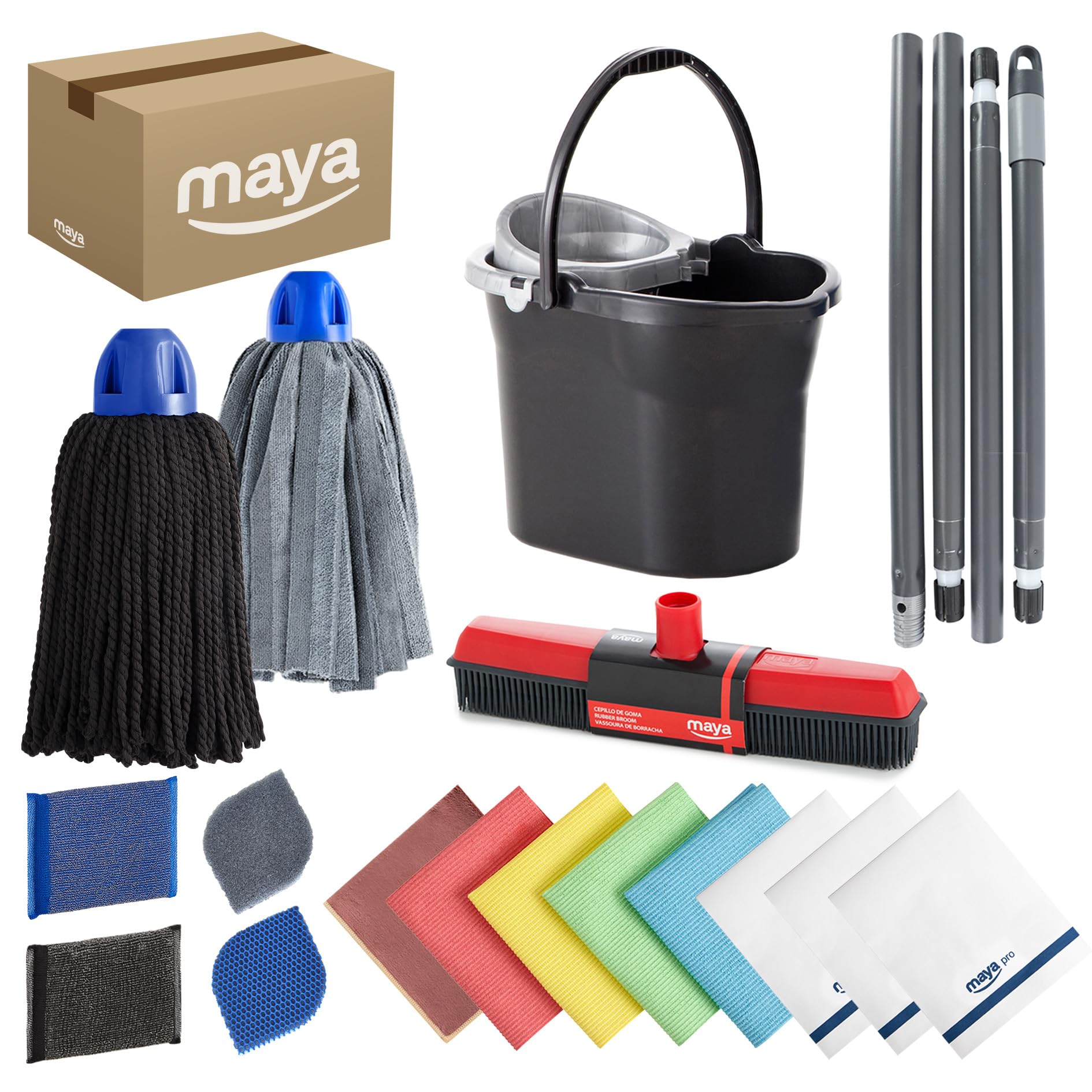 Maya - Kit de Limpieza del Hogar 11 en 1 | Escoba de Goma, Cubo con Escurridor 10L, Palos Desmontables con 4 Secciones, Fregonas MAX Pro, Estropajos de Cocina y Bayetas de Microfibra y CHEFPRO