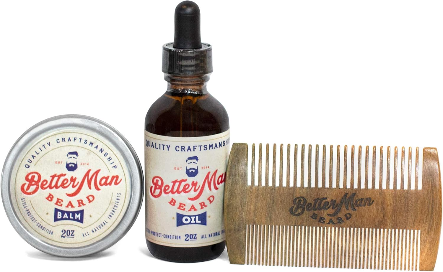Better Man Beard Original Kit - 3-Piece Beard Grooming Kit with Moisturizing Balm, Conditioning Oil & Sandalwood Comb - KIT-ORG