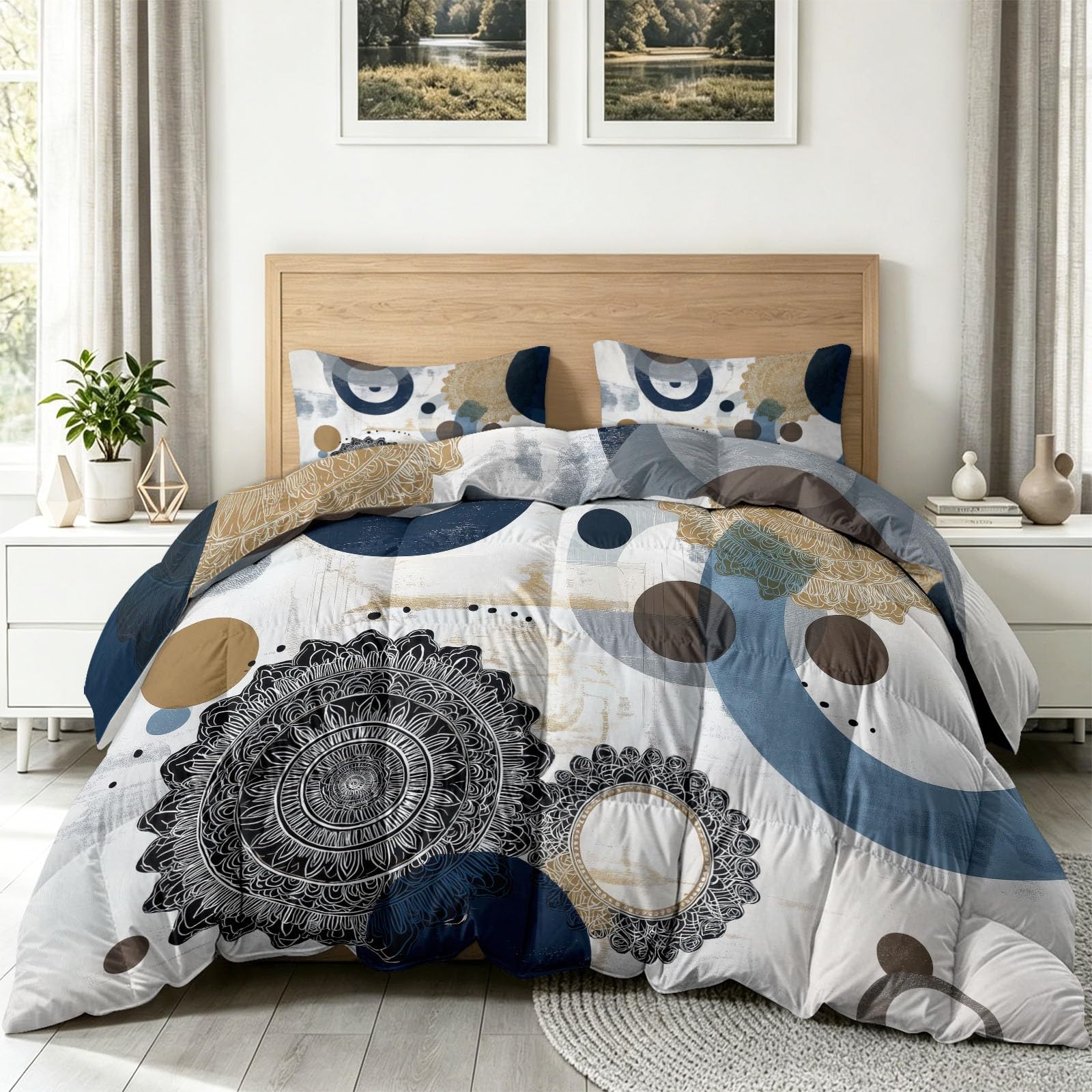 Waschbare Wende Bettdecke ohne Bezug 220 x 240 cm, Retro Industriell 4 Jahreszeiten Warme Steppdecke mit 2 Kissenbezügen, Textur Mandala Geometrisch Super Weiche Mikrofaser Bettdecken, Blau Grau
