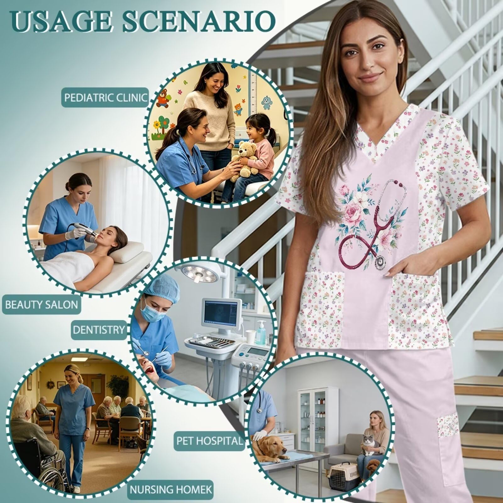 Scrubs dla kobiet uroczy nadruk zwierzęcy łatwy w pielęgnacji zestaw do szorowania oddychające medyczne peelingi dla weterynarzy i personelu pediatrycznego