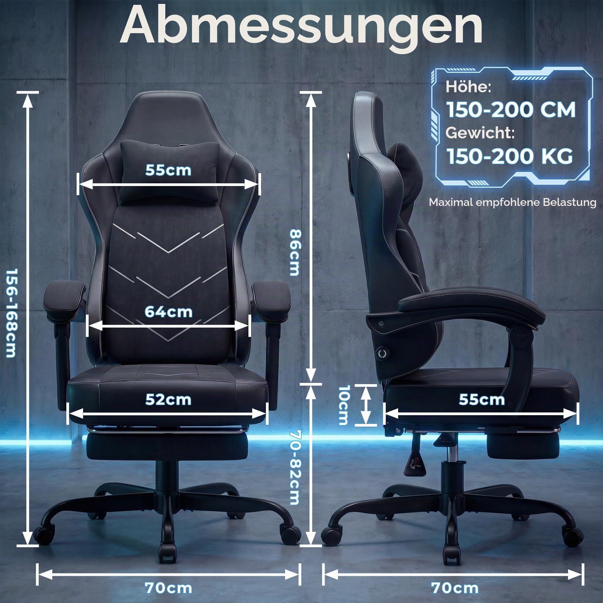 Devoko Gaming Stuhl mit Fußstütze, 2D Armlehnen Ergonomischer Bürostuhl 200kg Belastbar, 52cm Extra Breite Sitzfläche, Atmungsaktiver Stoff Schreibtischstuhl mit Lendenwirbelstütze,Schwarz