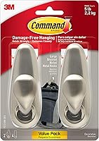 Command 5 lb Large Brushed Nickel Metal Hooks - 2 Hooks & 4 Strips, Damage-Free Hanging for Coats, Bags & Decor