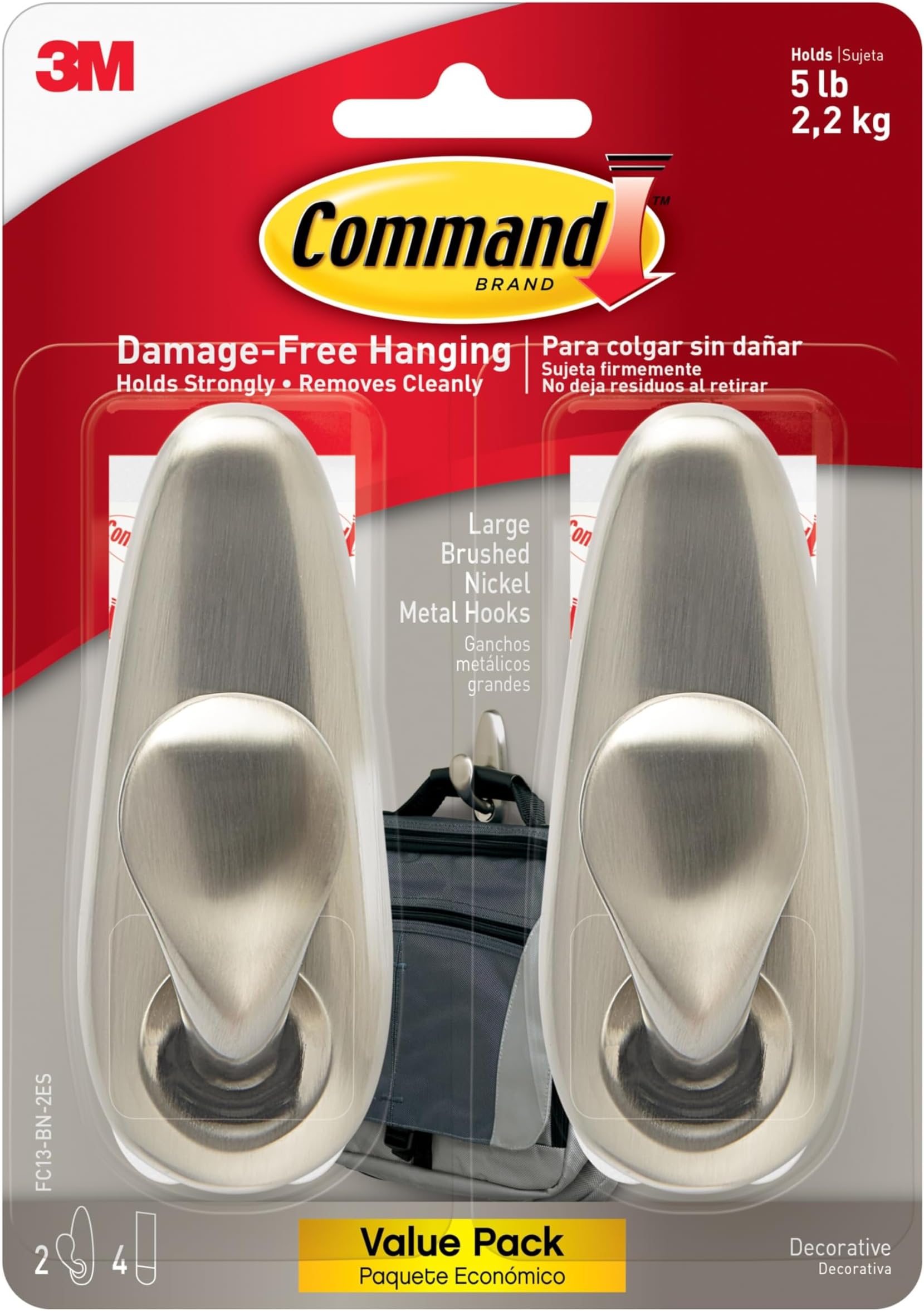 Command Forever Classic Large Metal Wall Hooks, Damage Free Hanging Wall Hooks with Adhesive Strips, Wall Hooks for Hanging Back to School Dorm Organizers, 2 Metal Hooks and 4 Command Strips