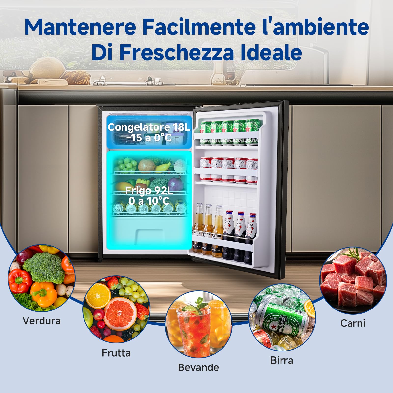AAOBOSI 110L Frigo Portatile, Due Zone Di Temperatura, Frigo Da Campeggio con Luce LED, 12/24V DC, Grande Capacità, -15°C a 10°C, Per Auto, Camper, Fuoristrada, Camion, Barche, Campeggio e Viaggi