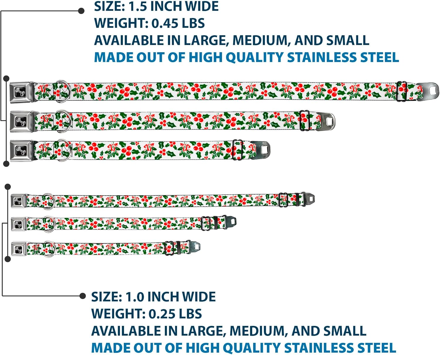 Dog Collar Seatbelt Buckle Holly Mistletoe 18 to 32 Inches 1.5 Inch Wide