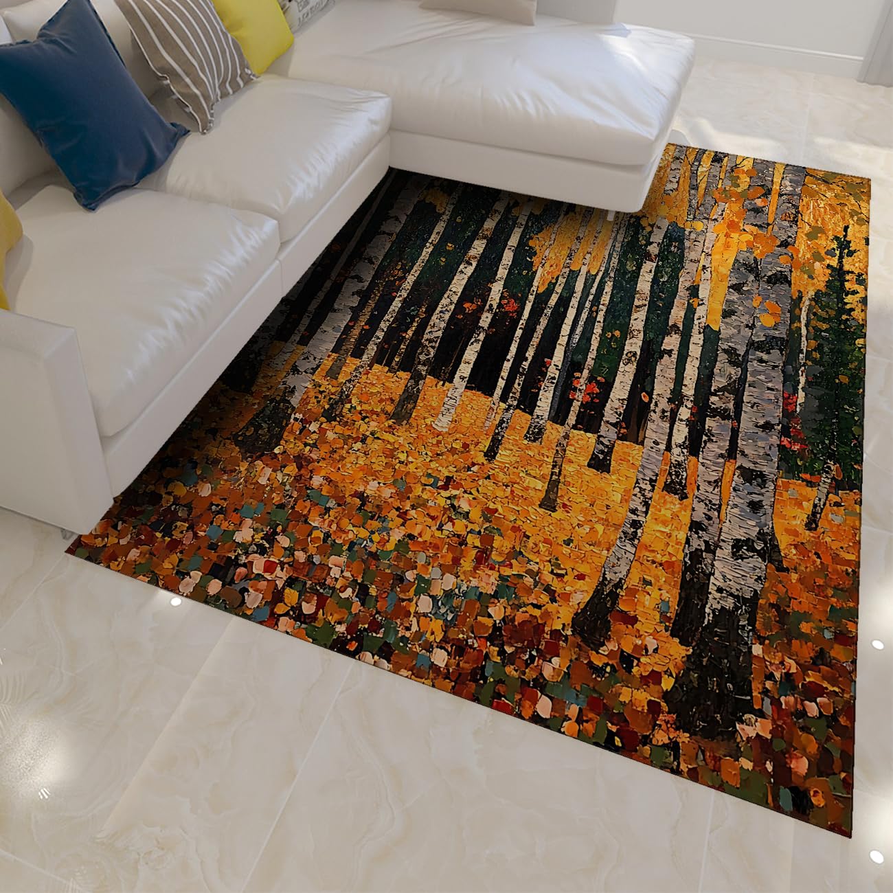 Tapis lavable 140x200cm forêt de bouleaux anti-glisse ne perd pas ses poils