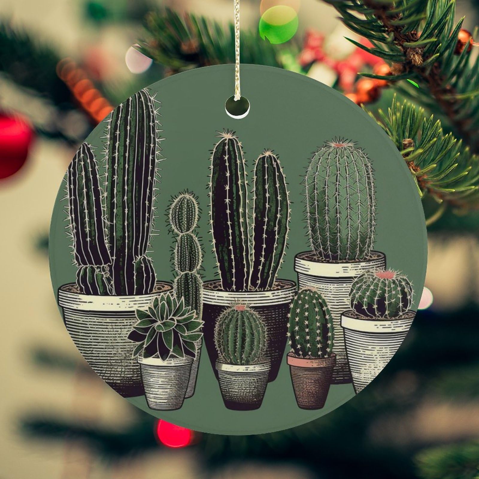 Green Cactus Christmas Ornament for Christmas Tree Ceramic Round Ornament Winter Holiday Keepsake Gift 2.7" Christmas Tree Hanging Decorations Circle Ceramic Pendant Xmas Gift