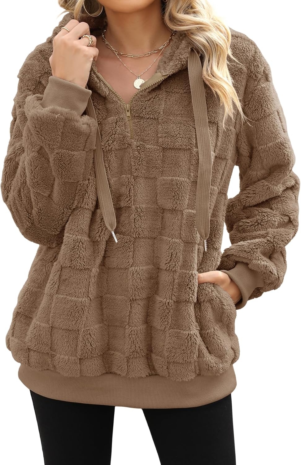 Yanekop Womens Fuzzy Fleece Pullover Oversized Sherpa Jacket Half Zip Pullover Sweaters Winter Faux Fur Jacket Coat