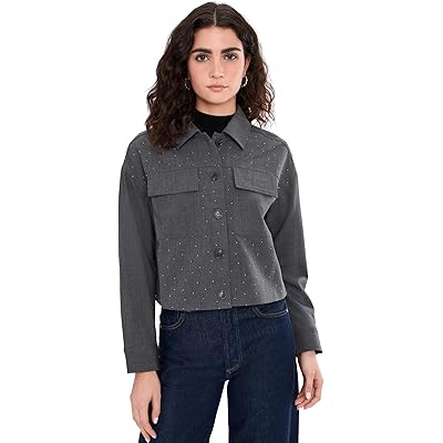 Vince Camuto Cropped Button-Up Shacket with Pockets medium heather grey