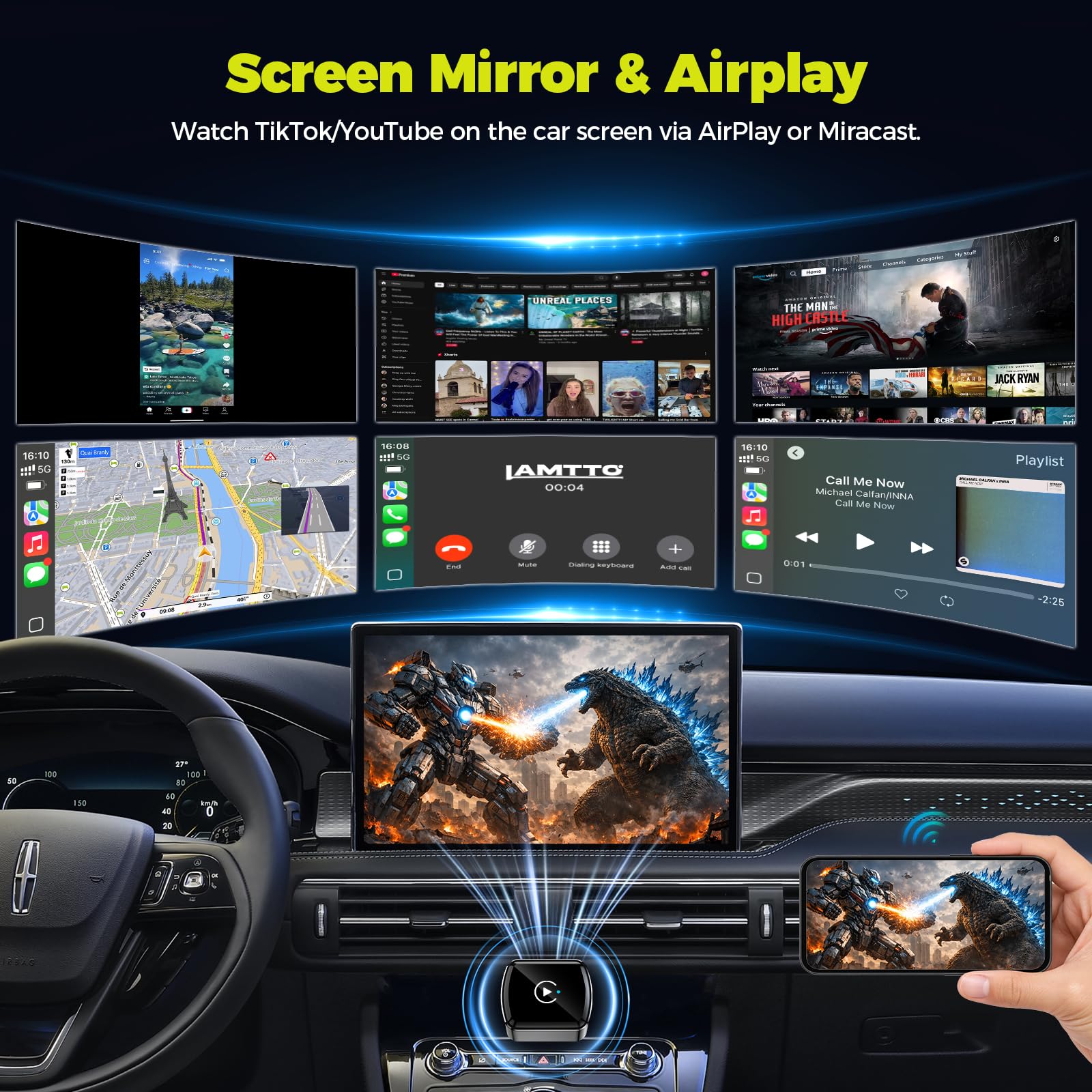 LAMTTO Adattatore CarPlay Wireless per iPhones e Android Auto,AirPlay/Miracast,Converte Car Play/Android Auto Cablato in Wireless,Plug & Play,Compatibile Solo con Auto 2016+ Dotate di CarPlay Cablato