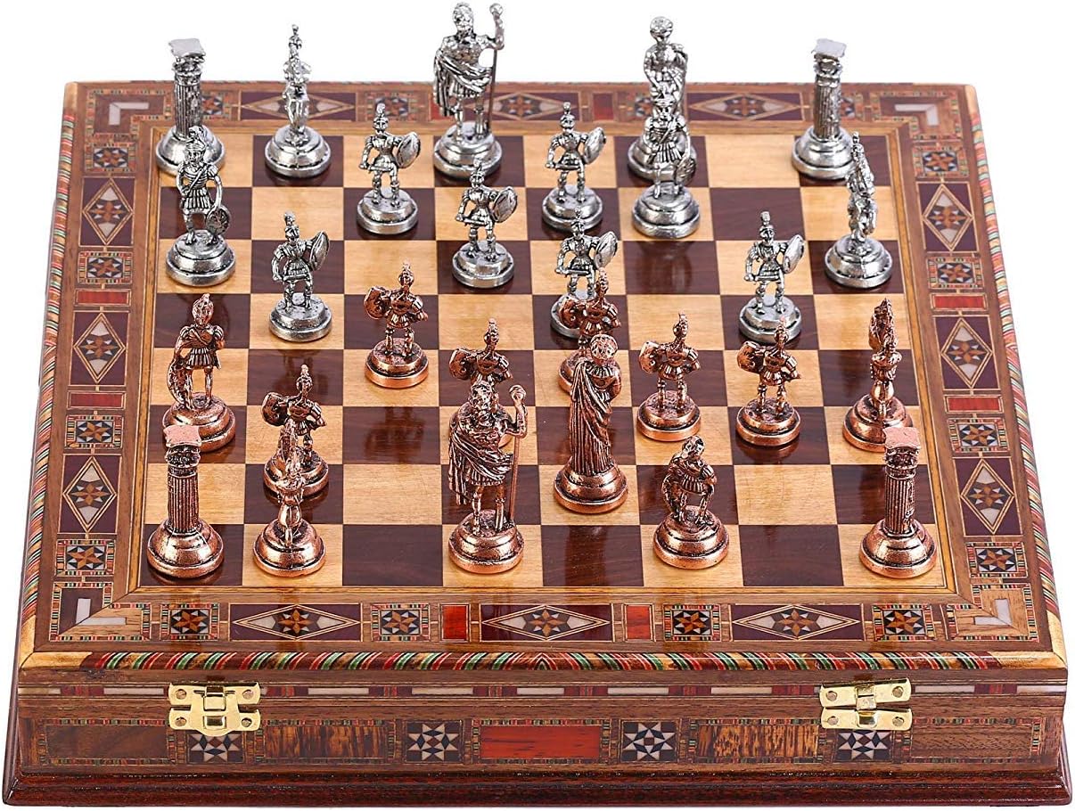 GiftHome Antique Copper Roman Figures Metal Chess Set for Adults,Handmade Pieces and Natural Solid Wooden Chess Board with Pearl Design Around Board and Storage Inside King 2,8 inc