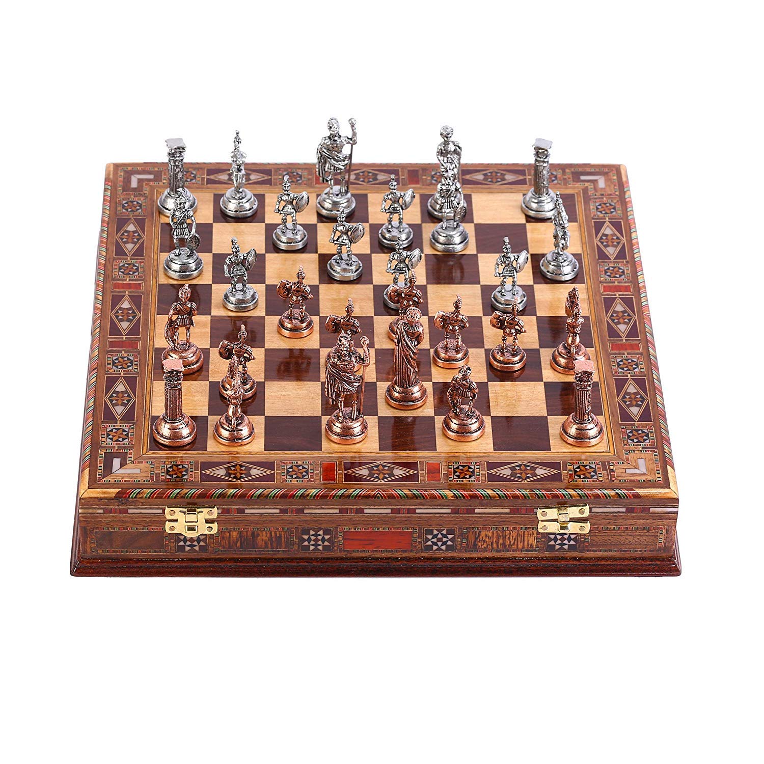 Juego de ajedrez de metal con figuras romanas de cobre antiguo, piezas hechas a mano y tablero de ajedrez de madera maciza natural con diseño de perlas alrededor del tablero y almacenamiento interior.