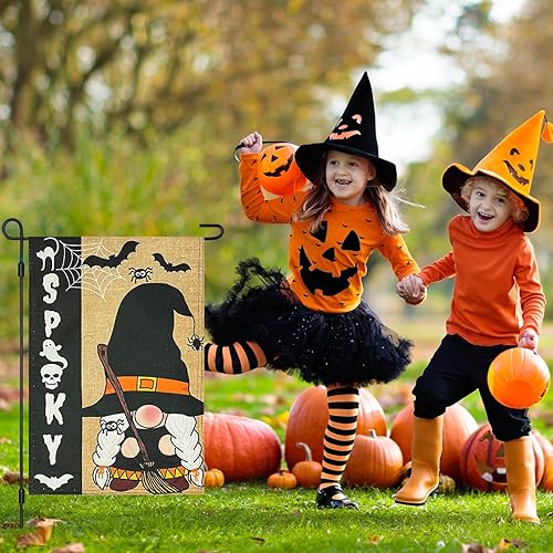 Miniatura 3 de Vigor Home Bandera de jardín de arpillera de brujas de gnomo espeluznante de Halloween de doble cara de 12 x 18 pulgadas, bandera divertida de otoño