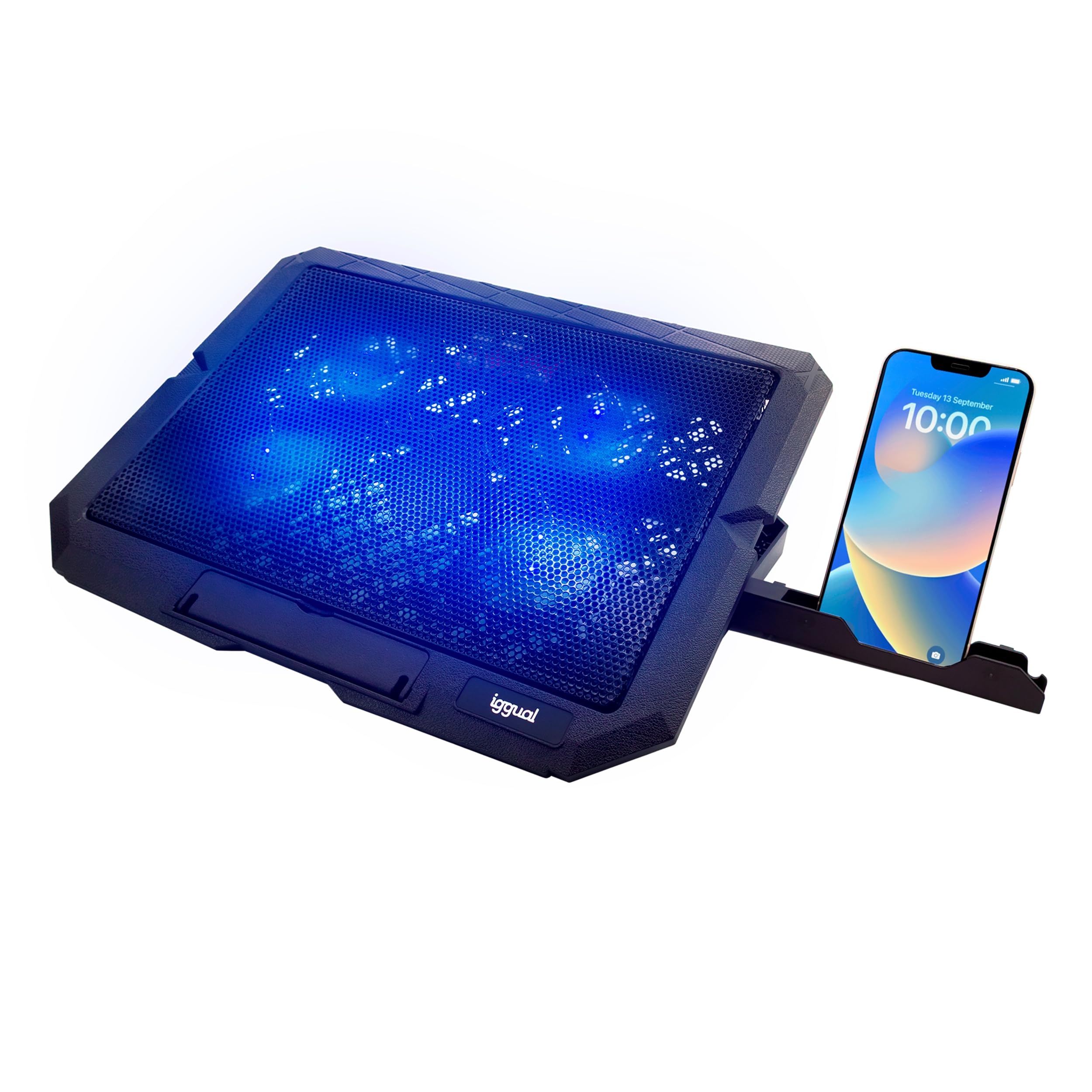 iggual – Portable Cooler Base up to 17" with 4 Quiet Fans and Mobile Stand, Adjustable Base with 7 Heights and Blue LED Light, Includes USB-A Cable (RP4V17)