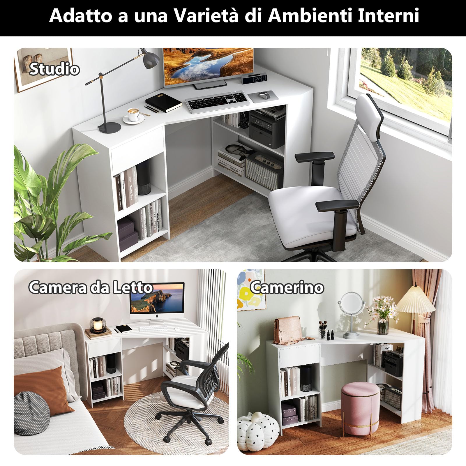 COSTWAY Scrivania ad Angolo per Computer 120 x 60 cm, Scrivania a Forma di L con Ripiani e Cassetto, Scrivania Angolare Gaming Salvaspazio per Ufficio, Studio e Cameretta, Bianco