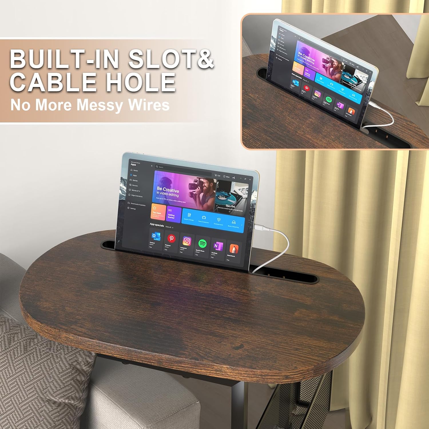 Fashion TV Tray with Large Tabletop, Adjustable Sofa Table with Baskets image 5
