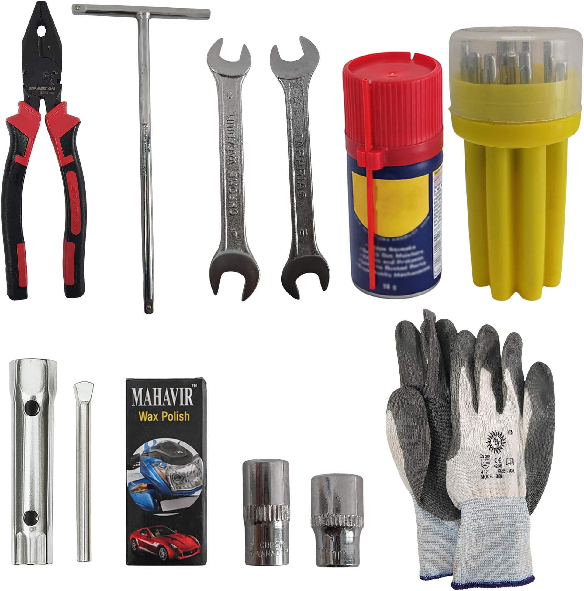 Tools for Sure General Scooter & Bike Repair Kit – Maintenance Tool Set with Spanners,Pliers,Sockets,T-Handle,Lubricant,Wax Polish & Safety Gloves | Compact Two Wheeler Kit for Home & Emergency Use