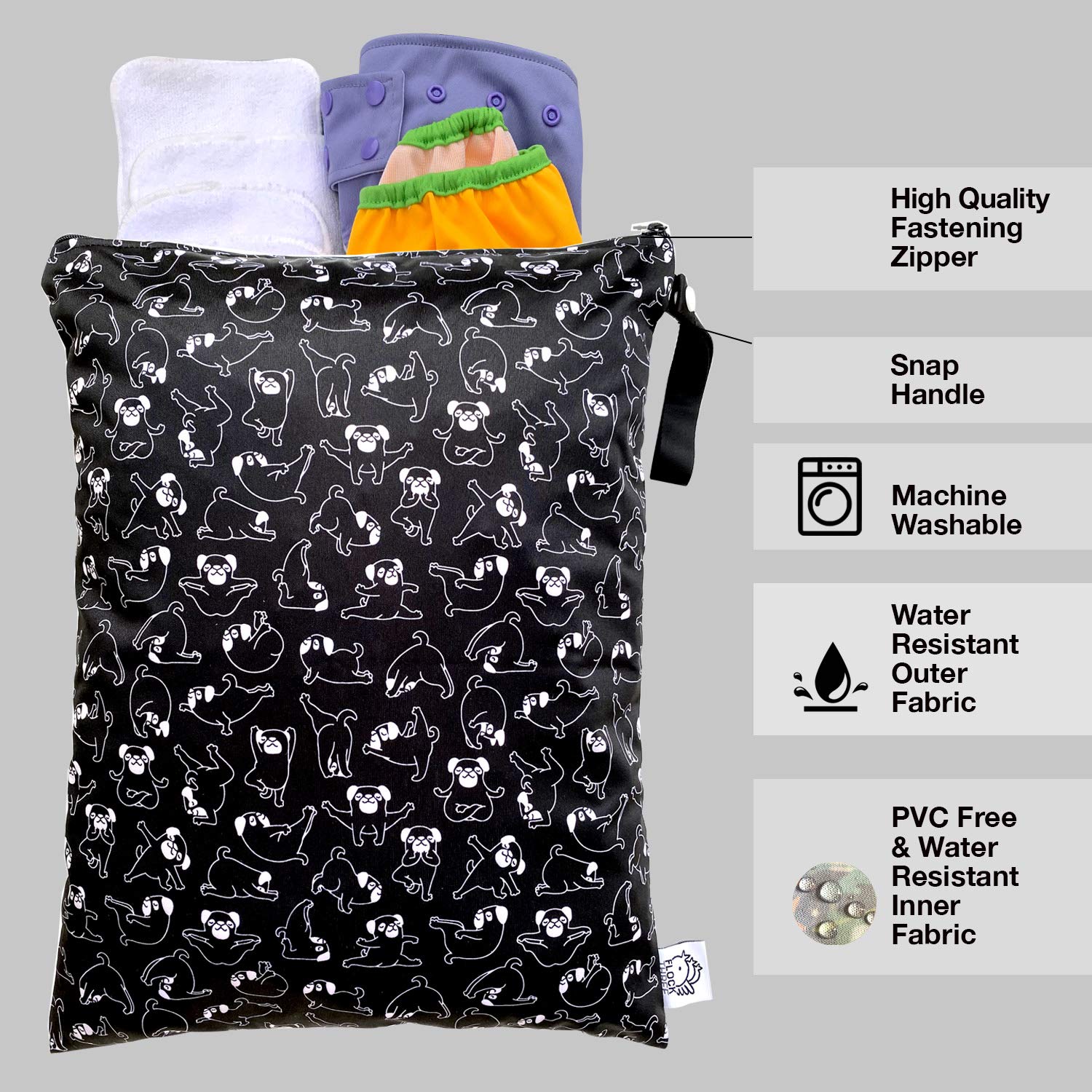 Bolsa de pañales lavable y reutilizable, resistente al agua, bolsa de natación, bolsa de yoga, gimnasio, 12.6 x 16.5 pulgadas, Perros de yoga negros, 16.5x12.6 Inch (Pack of 1), Bolsa