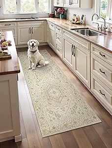 SERISSA Boho Washable Runner Rug, 2x5 Non-Slip Kitchen Runner Rug Vintage Beige Hallway Rug Ultra Soft Print Distressed Oriental Floor Carpet Runner for Bedroom Bathroom Laundry Living Room