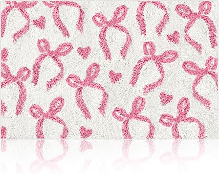 Non-Slip Bath Mat 40 x 60 cm Absorbent Soft Pink Bow Bathmat Machine Washable Aesthetic Room Decor Microfiber Rug Bath Mats for Shower Bedroom Kitchen Doorway