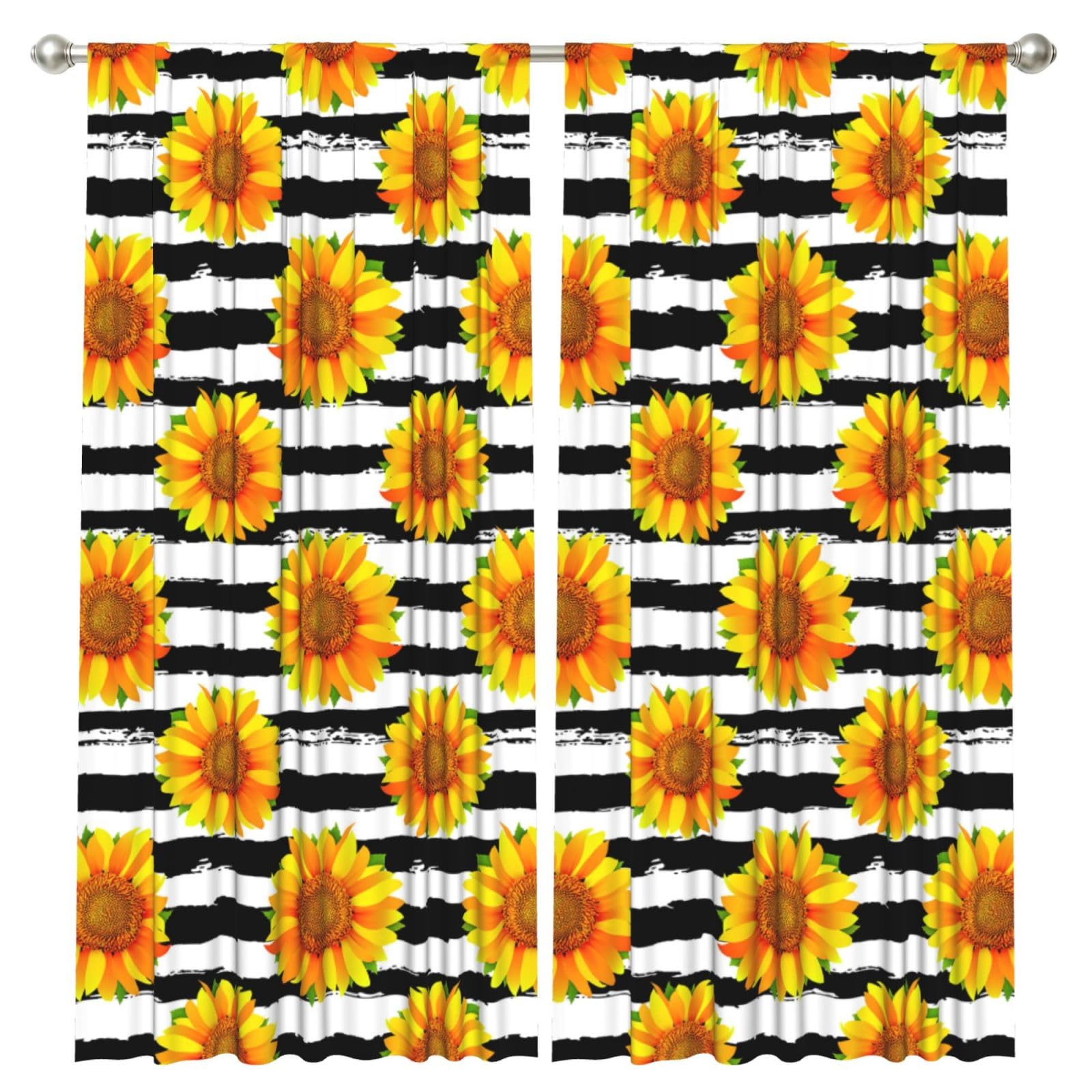 InOmak Sunflowers On Black And White Stripes Background, 2 Panels Window Curtains 52 x 84 Inch Blackout Curtains for Living Room Bedroom
