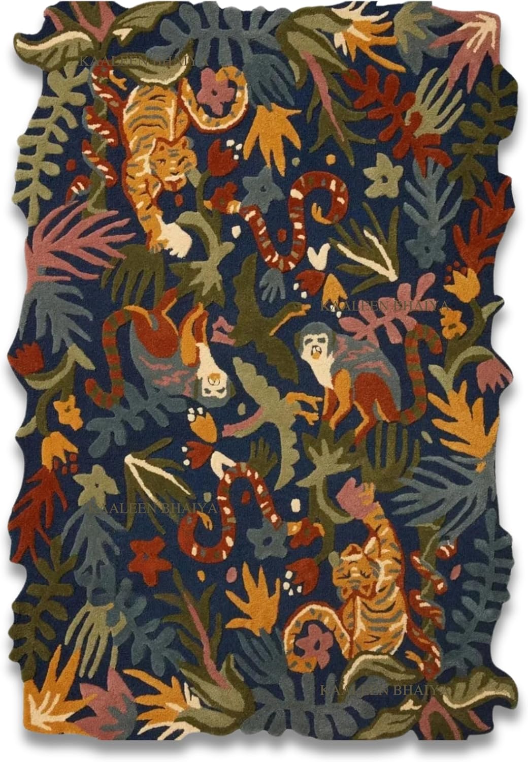 Handmade Tufted Wool Rug 5' x 7' – Midnight Blue Multicolor, 100% Wool, Exotic Jungle Theme Irregular Shape with High Pile for Living Room & Bedroom Décor