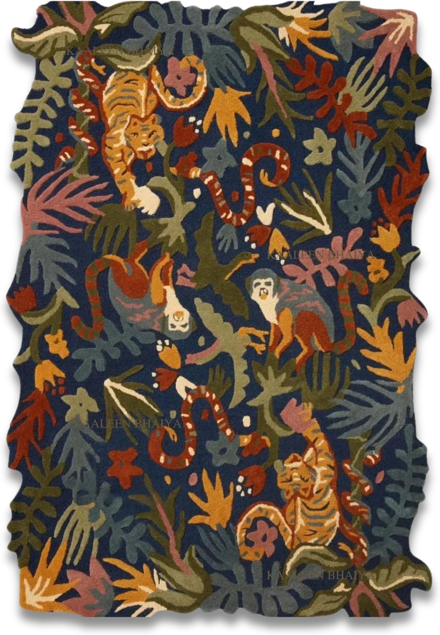 Handmade Tufted Wool Rug 6' x 8' – Midnight Blue Multicolor, 100% Wool, Exotic Jungle Theme Irregular Shape with High Pile for Living Room & Bedroom Décor