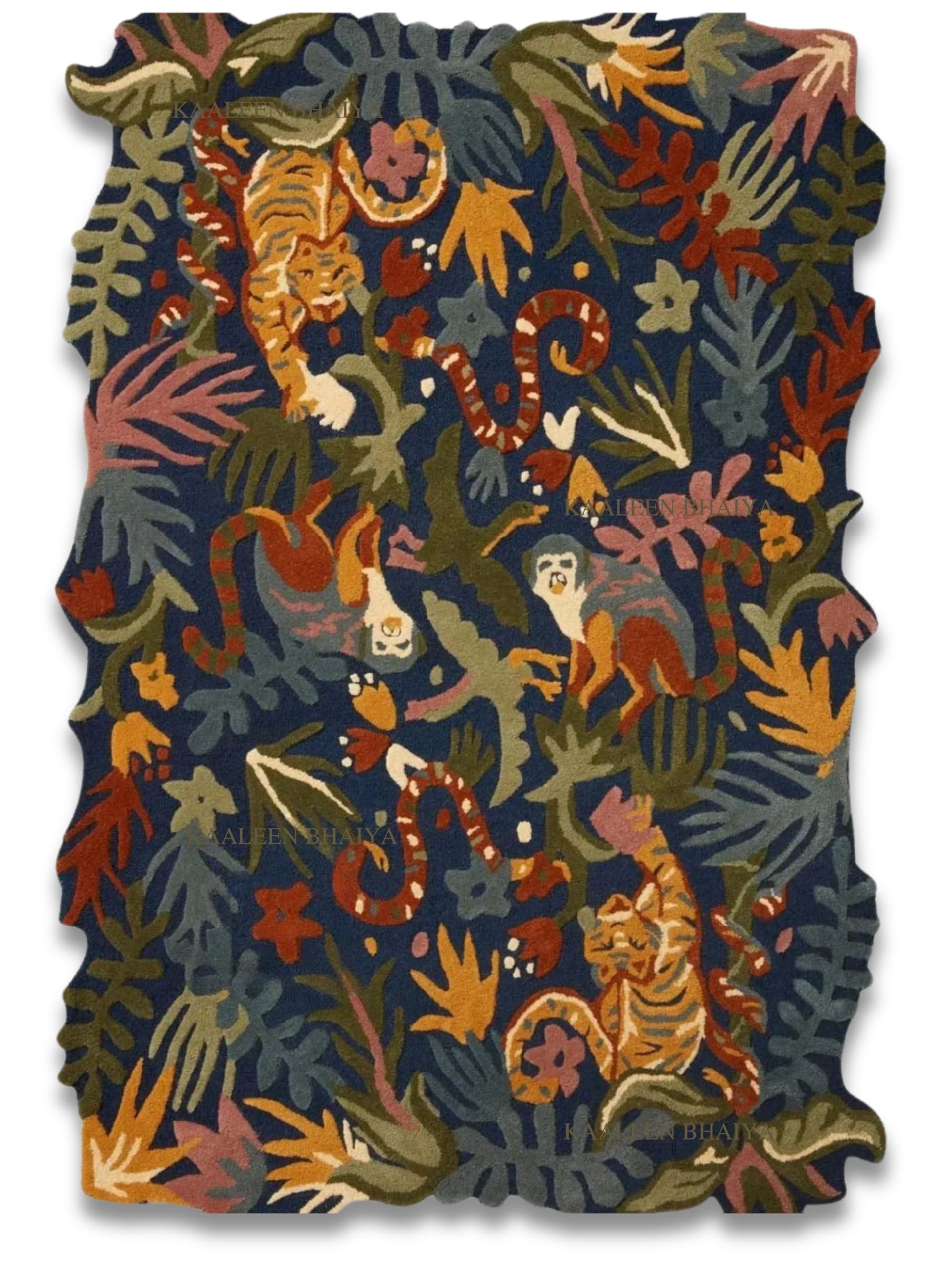 Handmade Tufted Wool Rug 6' x 8' – Midnight Blue Multicolor, 100% Wool, Exotic Jungle Theme Irregular Shape with High Pile for Living Room & Bedroom Décor