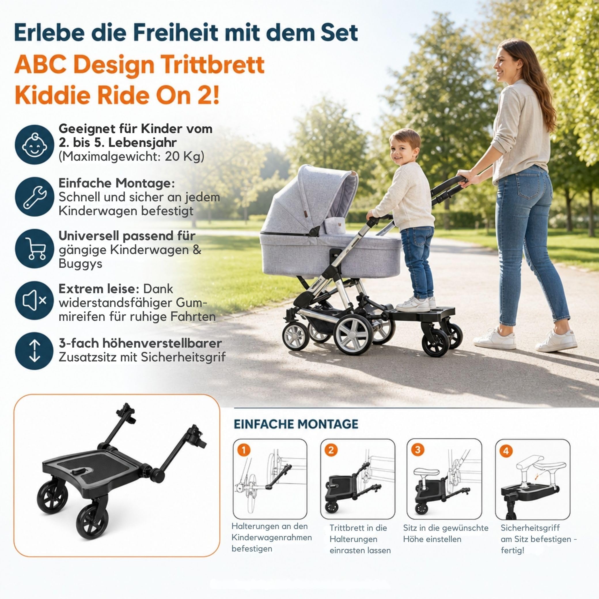 Set ABC Design Trittbrett Kiddie Ride On 2 mit Blaubär Stoffwindel | Mitfahrbrett universal passend | Rollbrett für Kinderwagen Buggy bis 20 kg