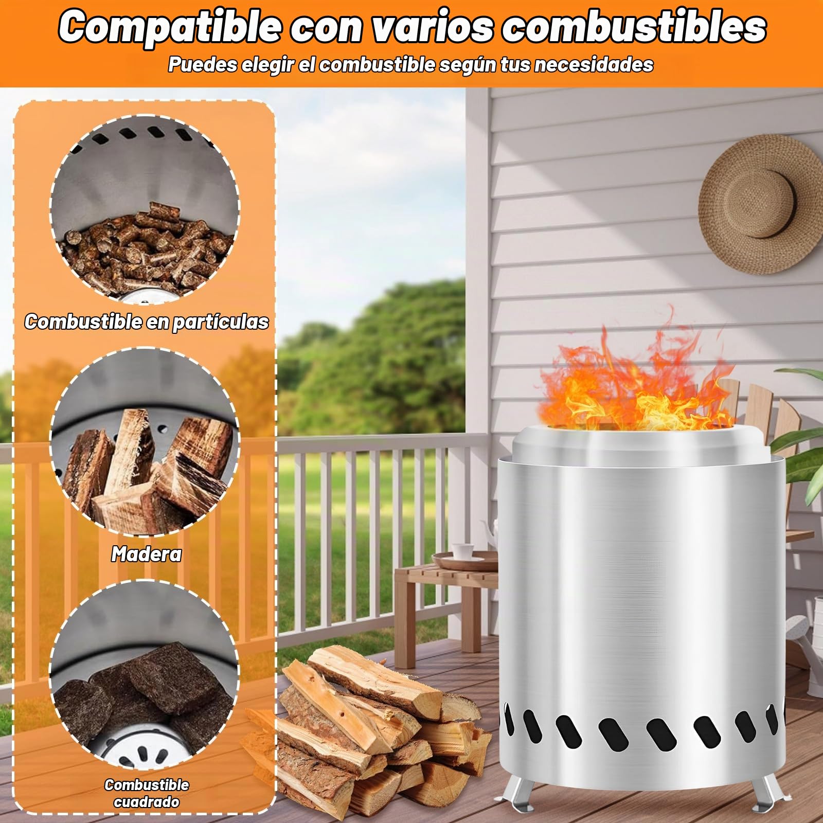Brasero Sin Humo con Soporte & Bolsa Almacenamiento, Chimenea Mesa Acero Inoxidable, Hoguera Barbacoa para Madera,Pellets,Barril Fuego Portátil para Exteriores,Camping,Decoración Jardín,Terraza,Balcón