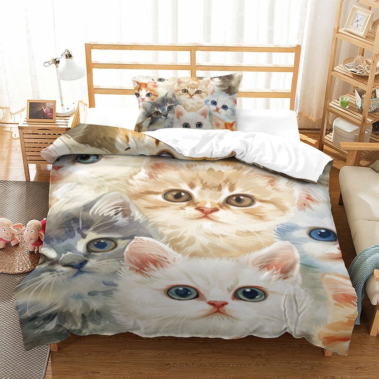 Housse de couette chat 135x200 cm avec fermeture éclair pour lit simple (Lot de 2)